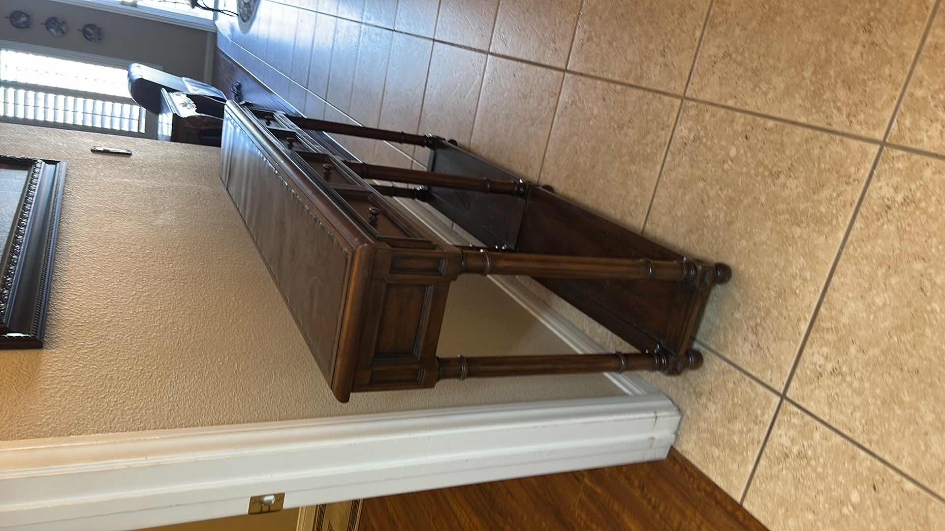 Photo 1 of TRADITIONAL STYLE CONSOLE TABLE,  CRAFTED FROM HARDWOOD SOLIDS WITH A RICH BROWN FINISH AND HAMMERED METAL INSERT ON TOP 58” x 11 1/2“ x H33“