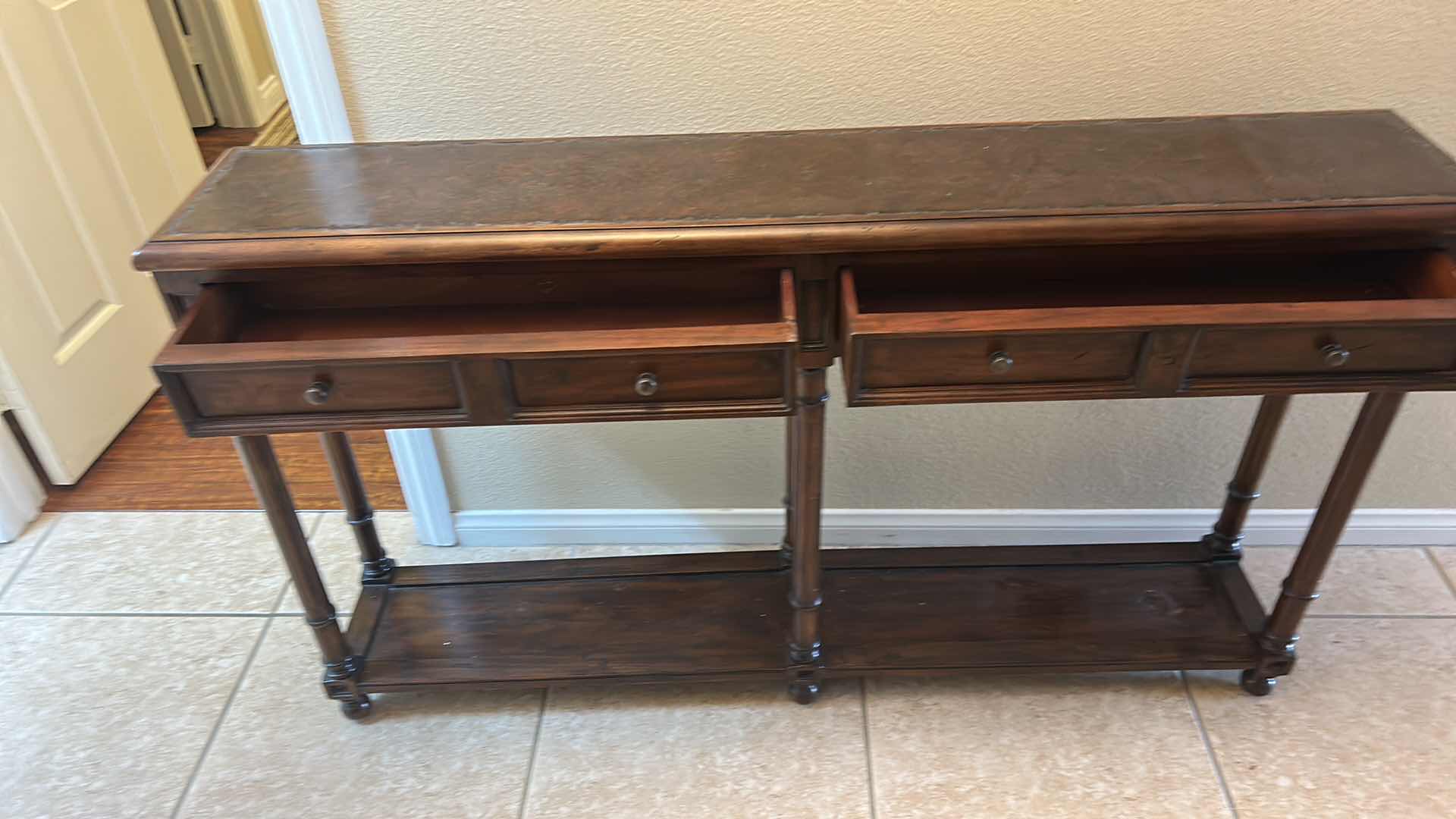 Photo 1 of TRADITIONAL STYLE CONSOLE TABLE,  CRAFTED FROM HARDWOOD SOLIDS WITH A RICH BROWN FINISH AND HAMMERED METAL INSERT ON TOP 58” x 11 1/2“ x H33“