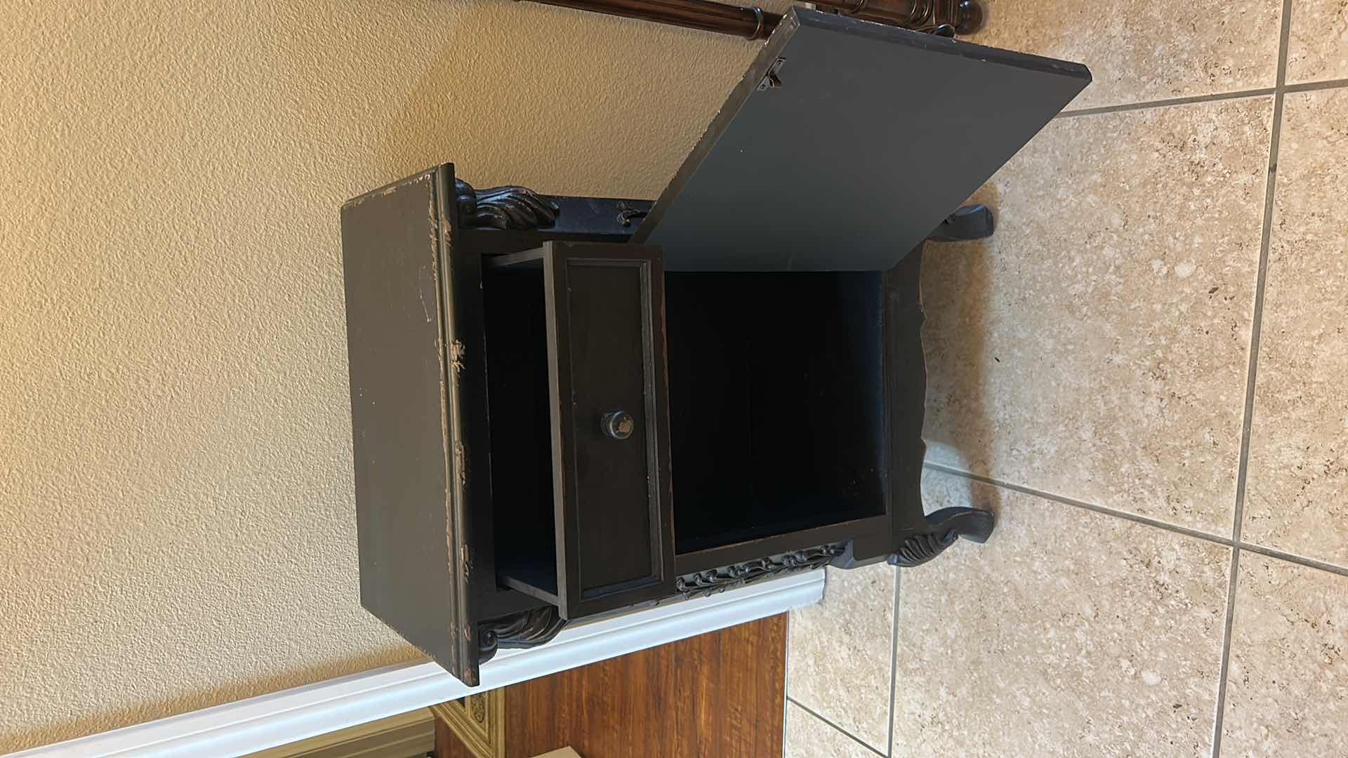 Photo 1 of WOOD ACCENT CABINET WITH SINGLE DRAWER AND DOOR, FEATURING ORNATE APPLIED SCROLL DETAILS, SHIELD-FRONT PANEL, AND CURVED FEET. 19 1/2“ x 12 1/2“ x H32 1/2“