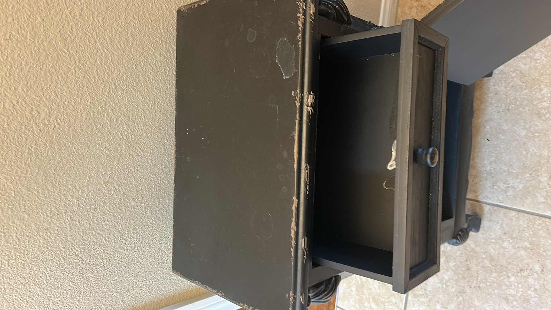 Photo 1 of WOOD ACCENT CABINET WITH SINGLE DRAWER AND DOOR, FEATURING ORNATE APPLIED SCROLL DETAILS, SHIELD-FRONT PANEL, AND CURVED FEET. 19 1/2“ x 12 1/2“ x H32 1/2“