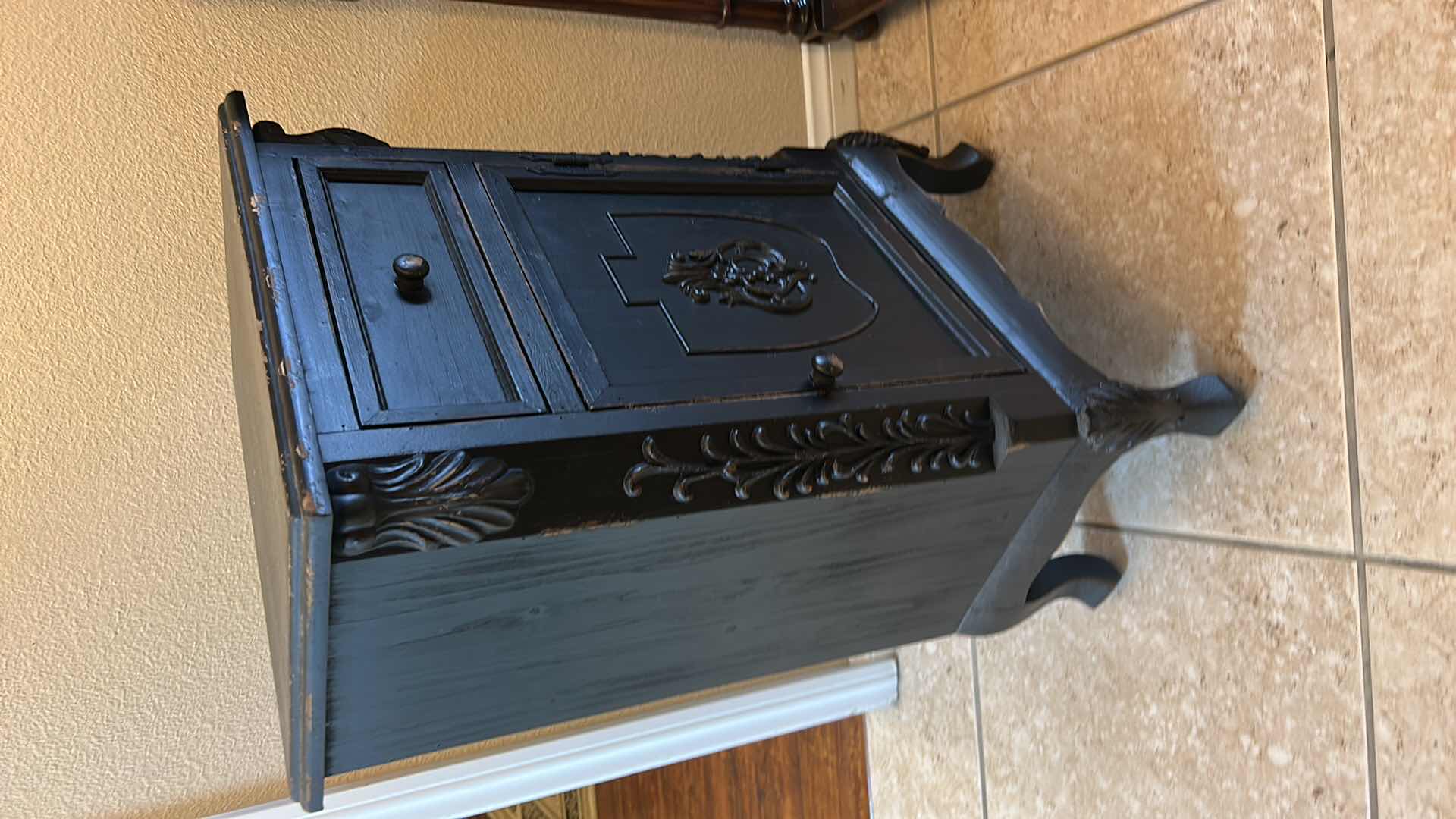 Photo 1 of WOOD ACCENT CABINET WITH SINGLE DRAWER AND DOOR, FEATURING ORNATE APPLIED SCROLL DETAILS, SHIELD-FRONT PANEL, AND CURVED FEET. 19 1/2“ x 12 1/2“ x H32 1/2“