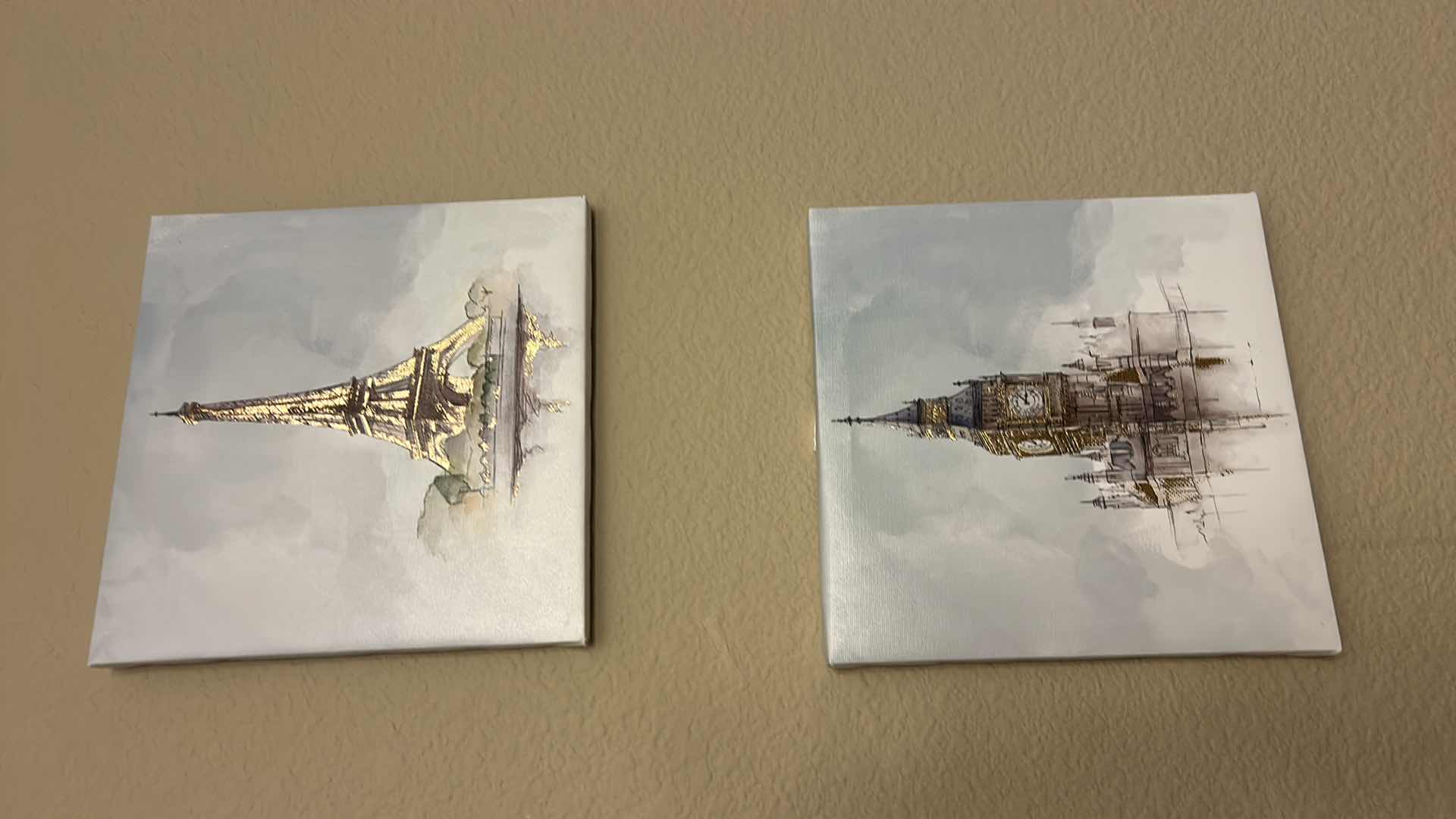 Photo 1 of 2 SMALL STRETCHED CANVAS ARTWORK PRINTS, EIFEL TOWER AND BIG BEN 8” x 8”