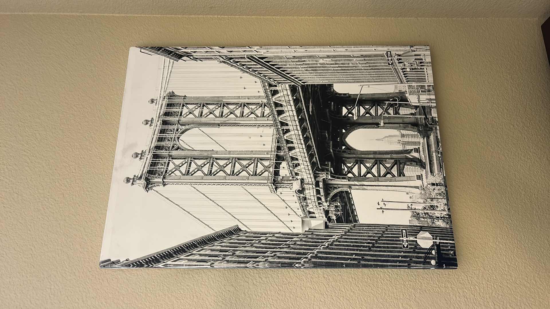 Photo 1 of STRETCHED CANVAS PRINT, BLACK AND WHITE WITH SPARKLES, DEPICTING THE ICONIC MANHATTAN BRIDGE IN NEW YORK CITY, ARTWORK 19 1/2“ x H 27 1/2”