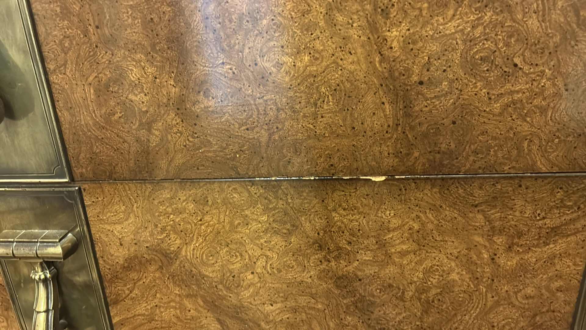 Photo 1 of MASTERCRAFT BURL WOOD VENEER CHEST OF DRAWERS FEATURING DISTINCTIVE ANTIQUED BRASS HARDWARE 38” x 19” x H46”