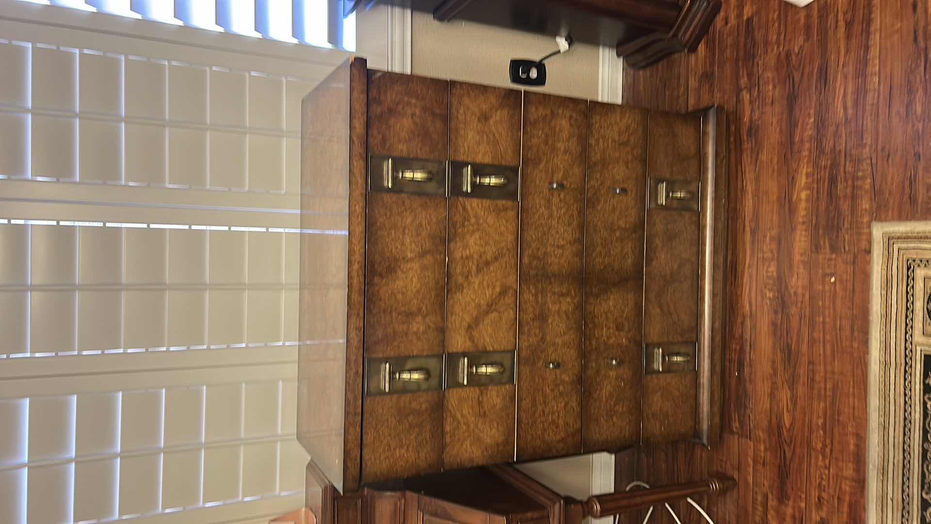 Photo 1 of MASTERCRAFT BURL WOOD VENEER CHEST OF DRAWERS FEATURING DISTINCTIVE ANTIQUED BRASS HARDWARE 38” x 19” x H46”