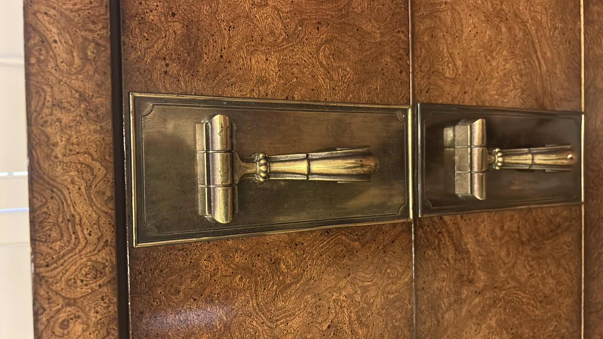 Photo 1 of MASTERCRAFT BURL WOOD VENEER CHEST OF DRAWERS FEATURING DISTINCTIVE ANTIQUED BRASS HARDWARE 38” x 19” x H46”