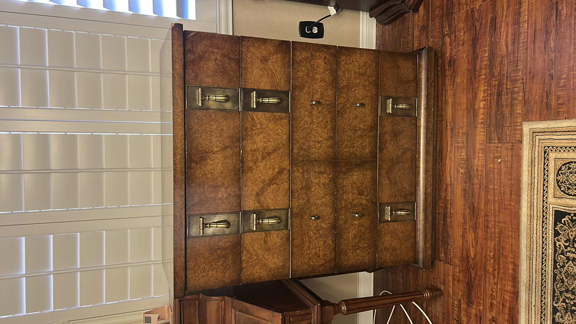 Photo 1 of MASTERCRAFT BURL WOOD VENEER CHEST OF DRAWERS FEATURING DISTINCTIVE ANTIQUED BRASS HARDWARE 38” x 19” x H46”