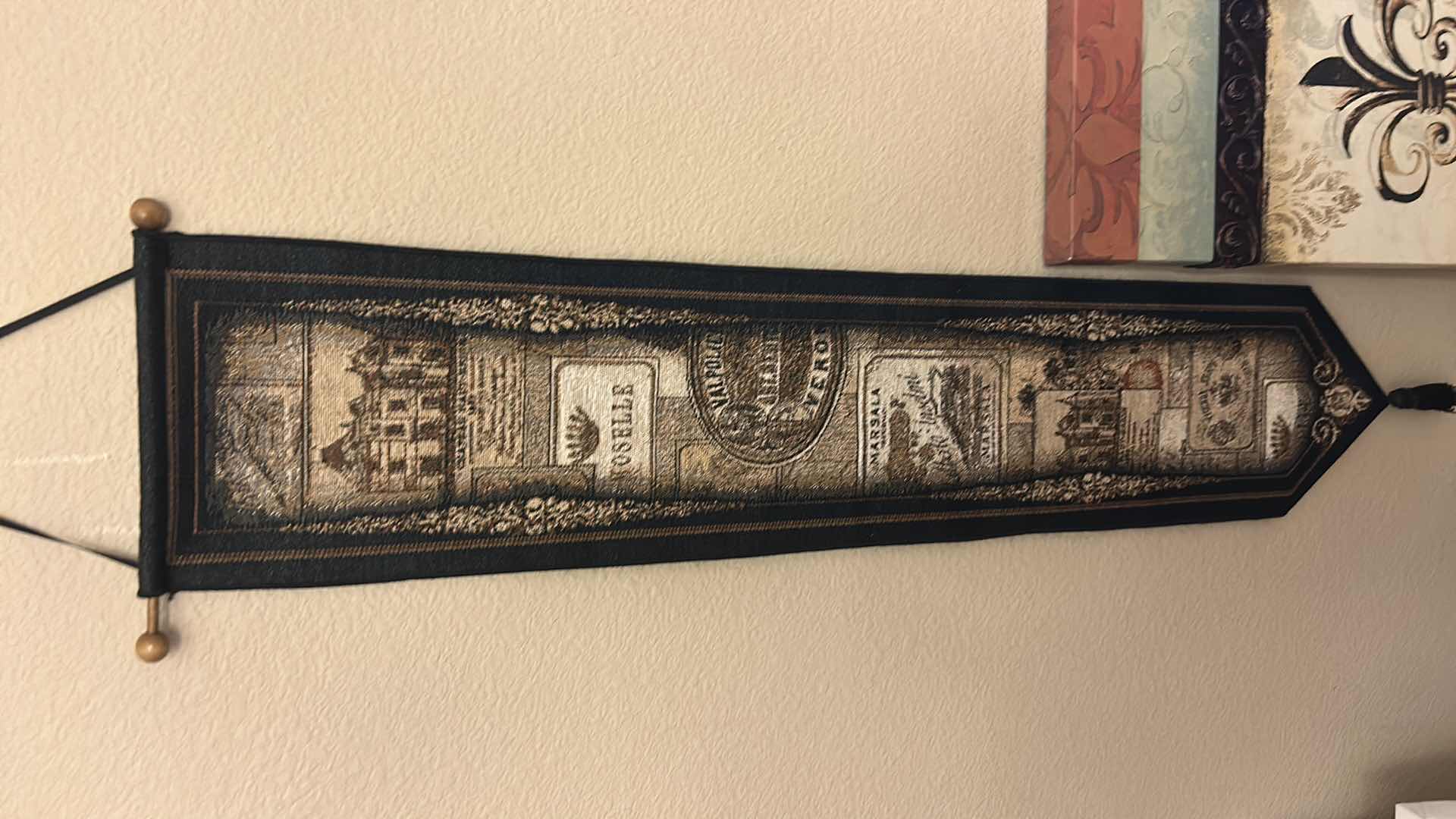 Photo 1 of 4 PC HOME DECOR, STRETCHED CANVAS FLEUR DE LIS STRETCHED CANVAS ARTWORK 12“ x H34 1/2“, WALL TAPESTRY AND CURTAIN TIE BACKS