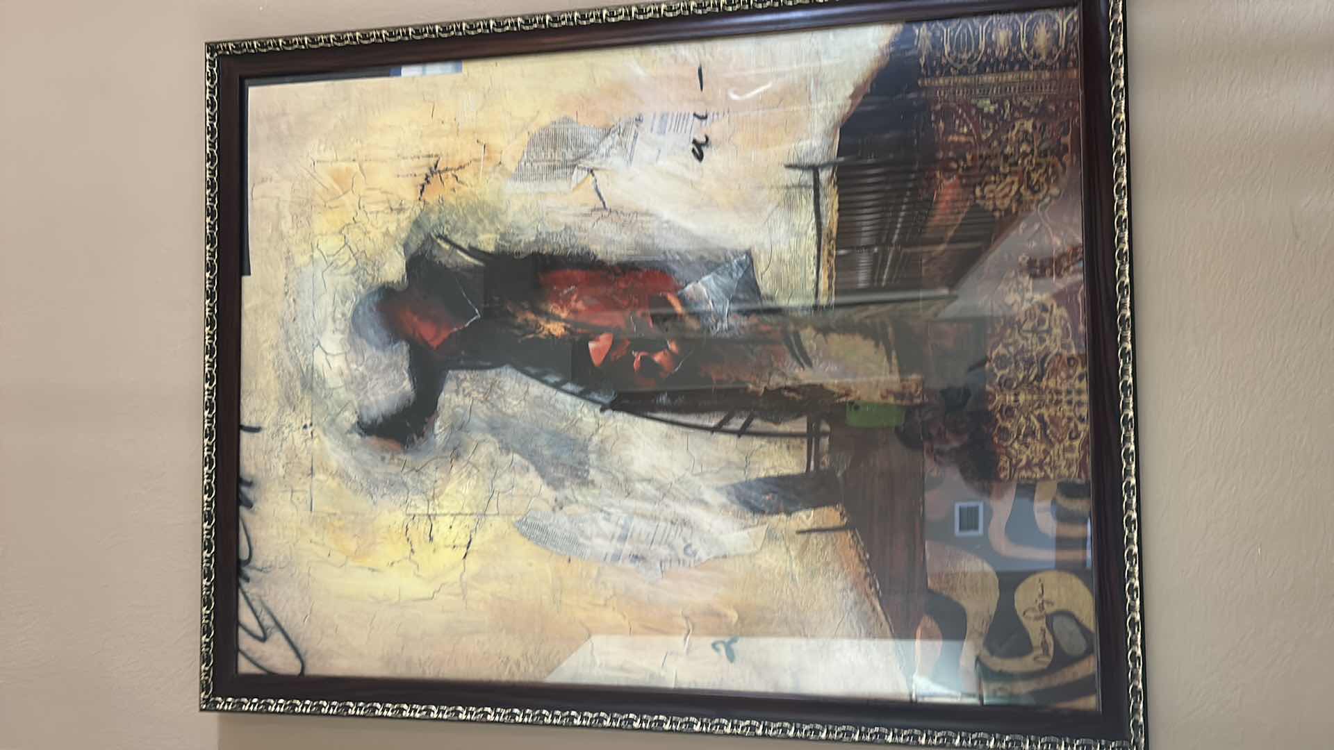 Photo 1 of LARGE FRAMED PIECE OF ART TITLED “SOLAMENTE” BY CUBAN ARTIST ANTONIO DOJER, FEATURING MIXED MEDIA ELEMENTS DEPICTING MUSIC AND DANCE THEMES. ARTWORK 39 1/4 x H51 1/2