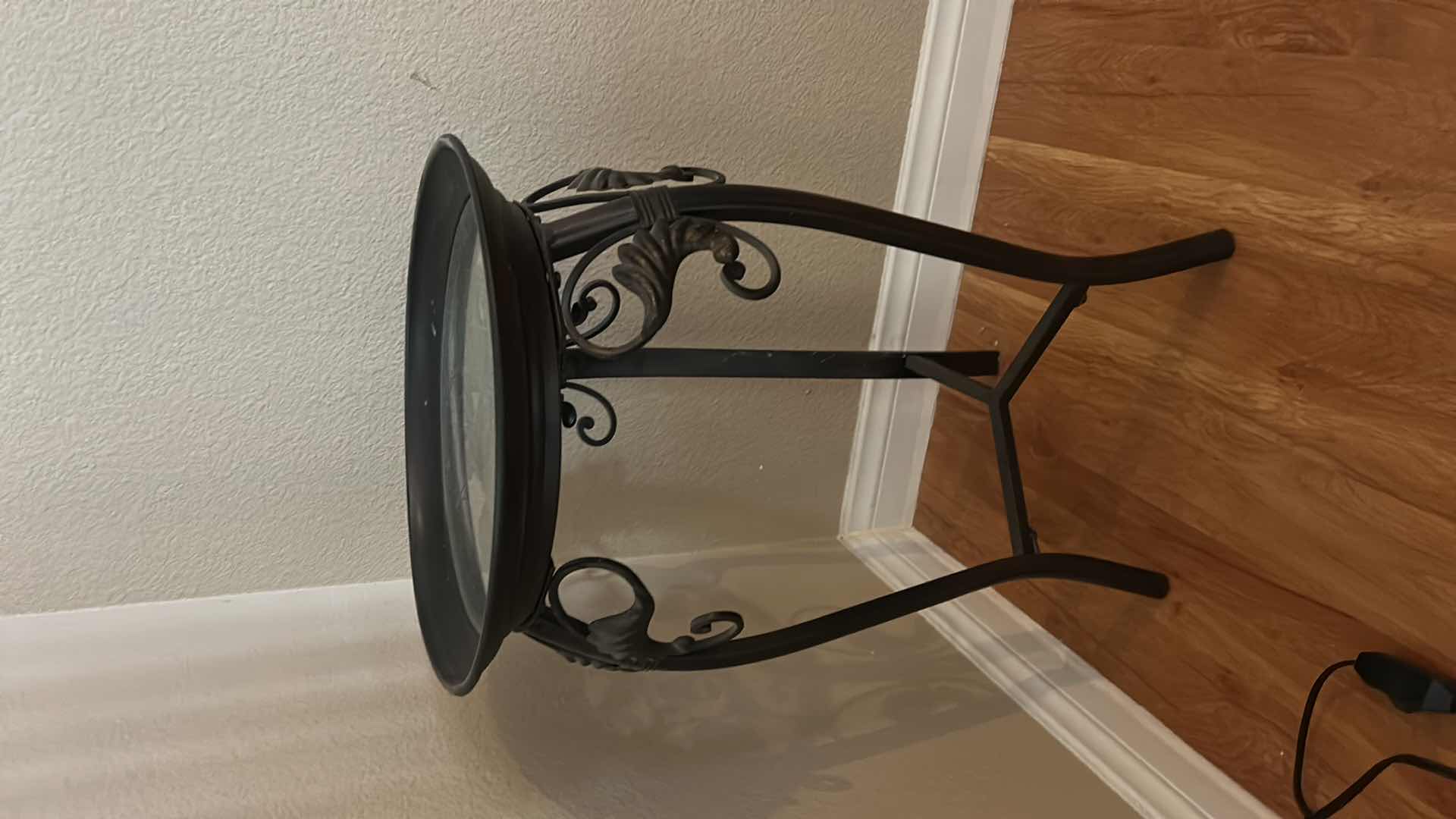 Photo 1 of ROUND METAL ACCENT TABLE WITH GLASS TOP, SCROLLWORK BASE, THREE LEG FRAME 14 1/2” x H2’