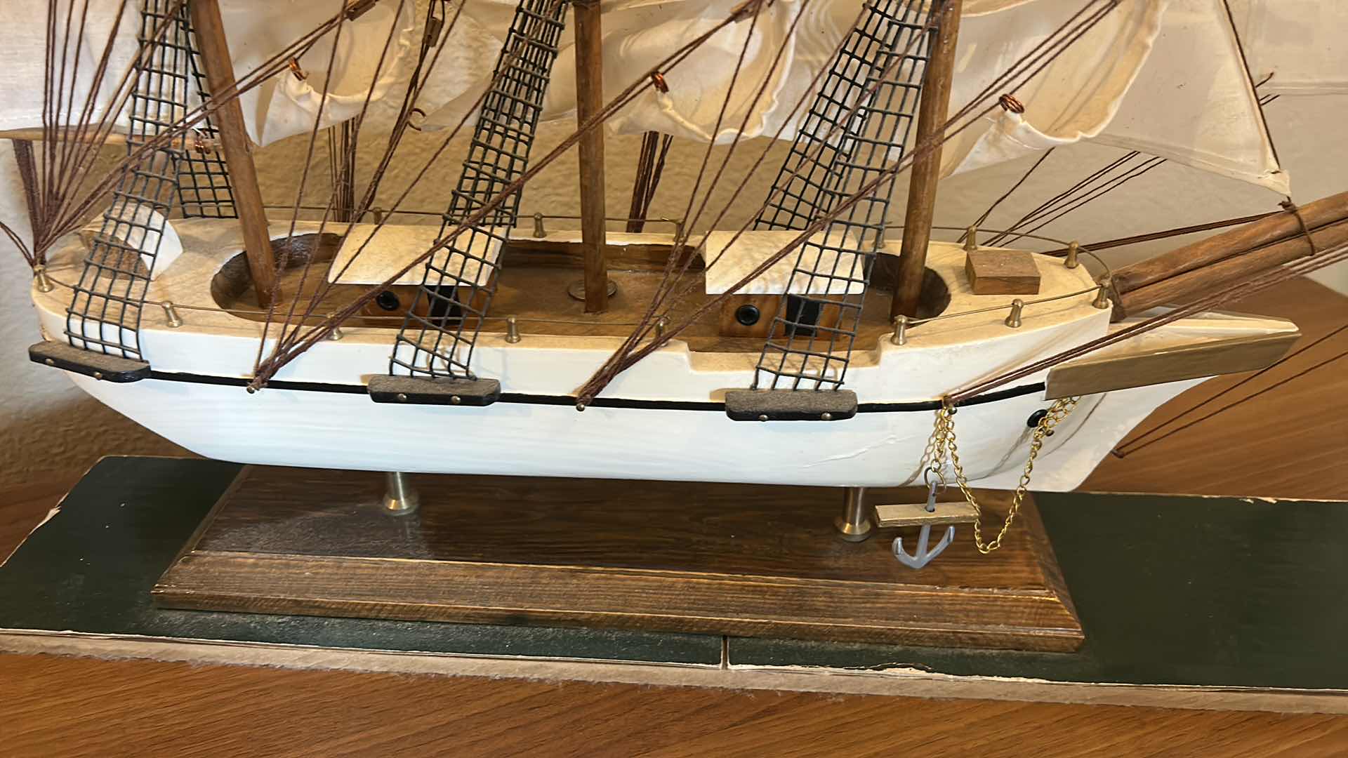 Photo 1 of WOODEN SAILING SHIP “WHALING SHIP CLIPPER 1846” MODEL WITH CLOTH SAILS, RIGGING DETAIL, DISPLAY BASE STAND 23” x 4 1/2” x H20 1/2”