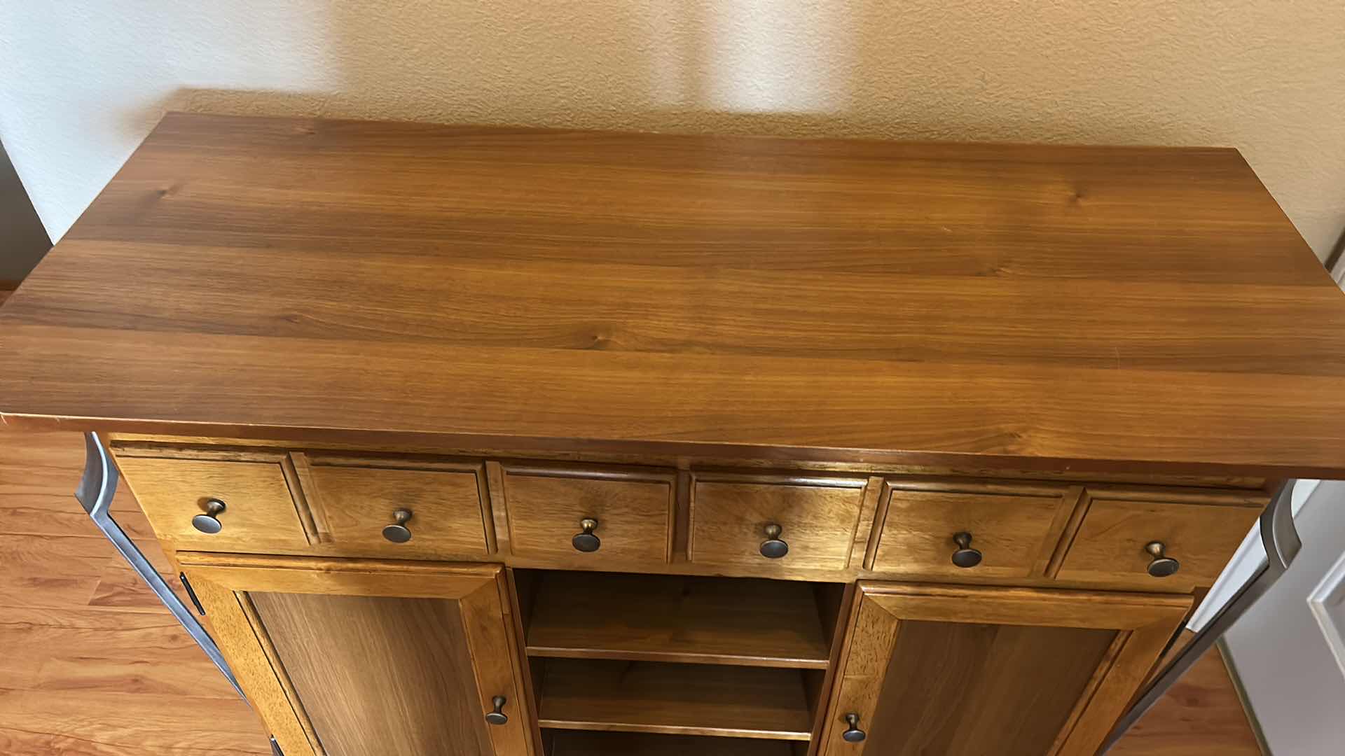 Photo 1 of WOOD SIDEBOARD CABINET WITH SIX DRAWERS, TWO DOORS, CENTER OPEN SHELVES, METAL SIDE SUPPORT LEGS 45” x 18” x H33 1/2”
