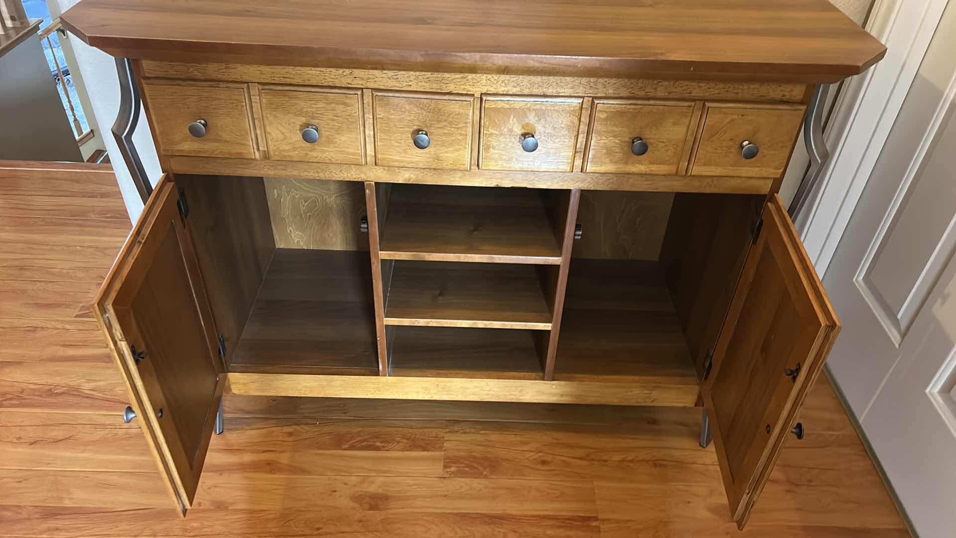 Photo 1 of WOOD SIDEBOARD CABINET WITH SIX DRAWERS, TWO DOORS, CENTER OPEN SHELVES, METAL SIDE SUPPORT LEGS 45” x 18” x H33 1/2”