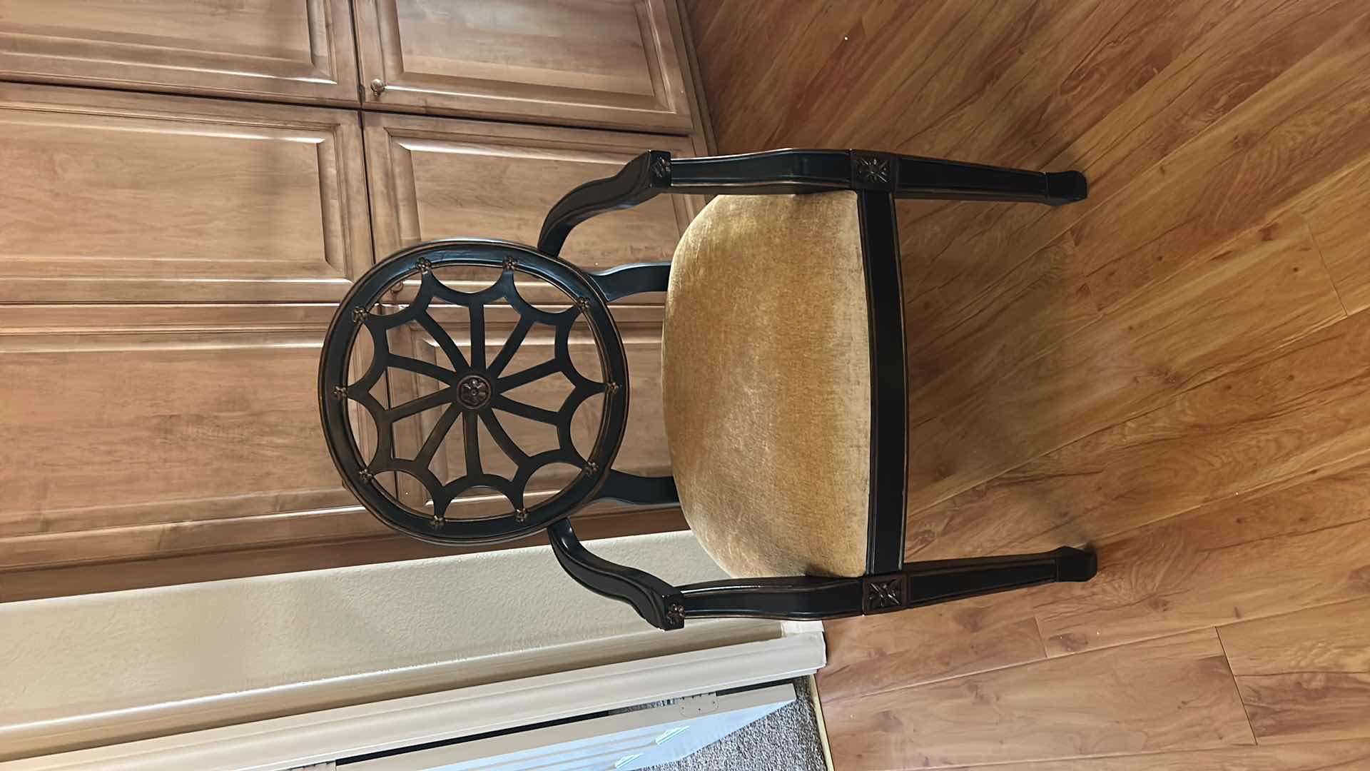 Photo 1 of WOOD ARM CHAIR WITH ROUND OPENWORK BACK, UPHOLSTERED SEAT CUSHION, DARK FINISH FRAME 23“ x 21 1/2“ x H38“