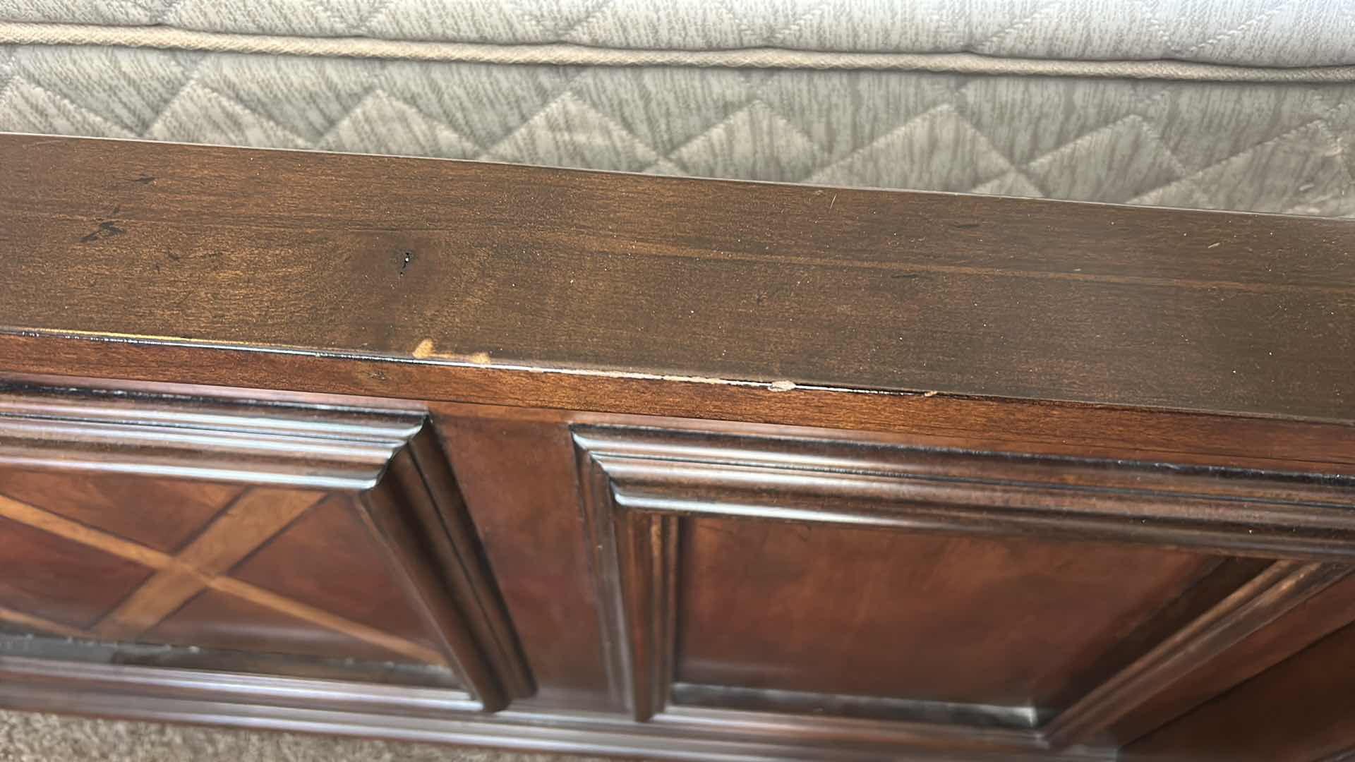 Photo 1 of HOMELEGANCE ADELINA COLLECTION PANEL BED, FEATURING A CHERRY FINISH, FAUX LEATHER UPHOLSTERED HEADBOARD WITH BUTTON TUFTING, AND INTRICATE WOOD CARVINGS. 7‘ x 8‘ x H6‘ $2200