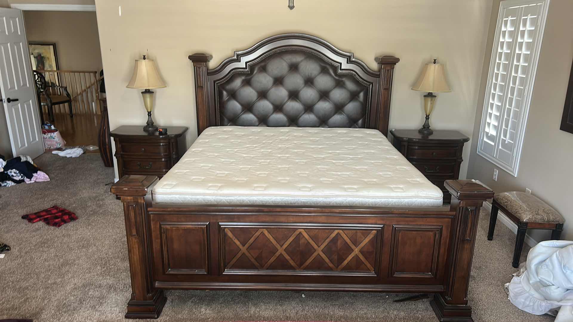 Photo 1 of HOMELEGANCE ADELINA COLLECTION PANEL BED, FEATURING A CHERRY FINISH, FAUX LEATHER UPHOLSTERED HEADBOARD WITH BUTTON TUFTING, AND INTRICATE WOOD CARVINGS. 7‘ x 8‘ x H6‘ $2200