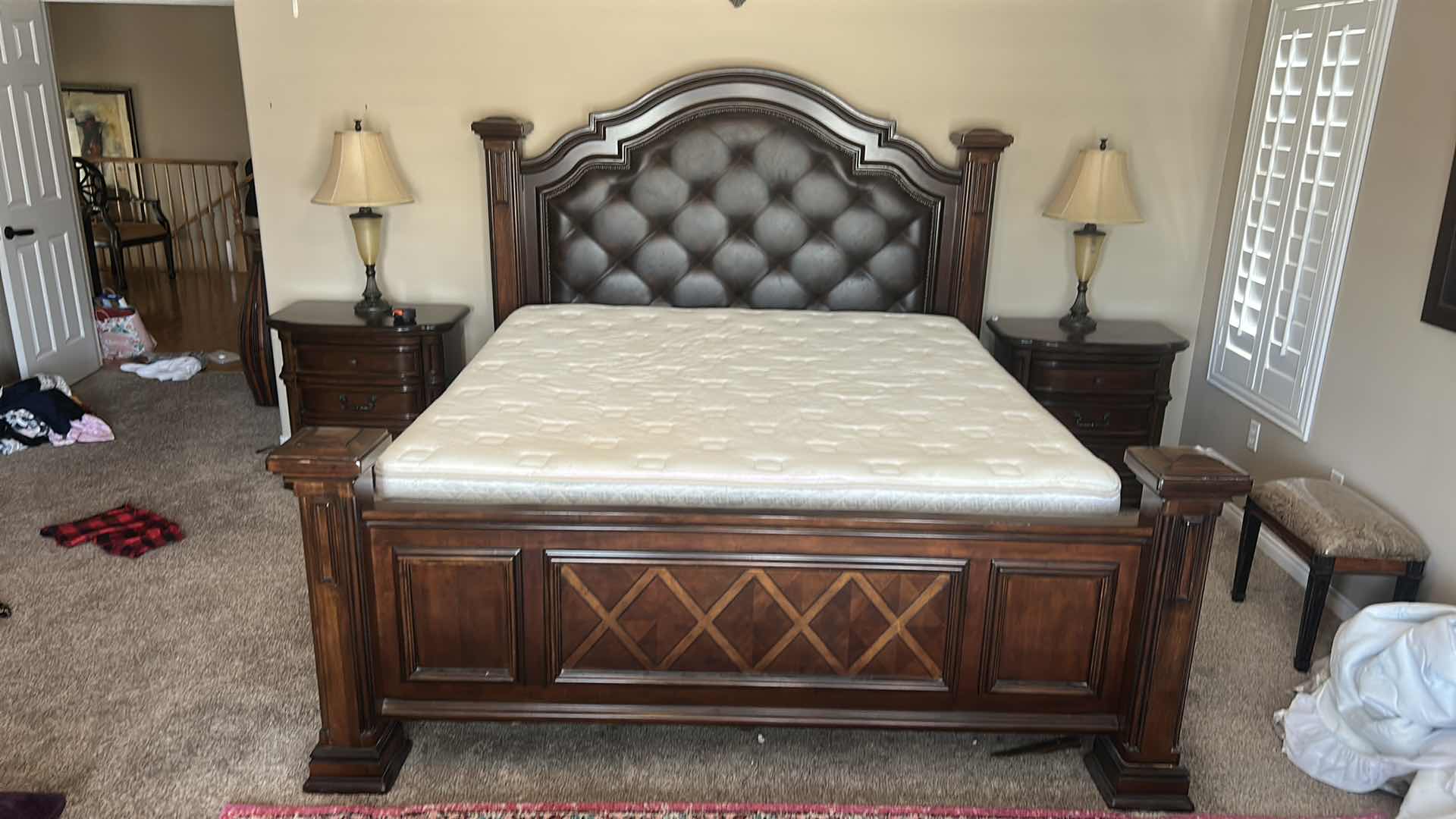 Photo 1 of HOMELEGANCE ADELINA COLLECTION PANEL BED, FEATURING A CHERRY FINISH, FAUX LEATHER UPHOLSTERED HEADBOARD WITH BUTTON TUFTING, AND INTRICATE WOOD CARVINGS. 7‘ x 8‘ x H6‘ $2200