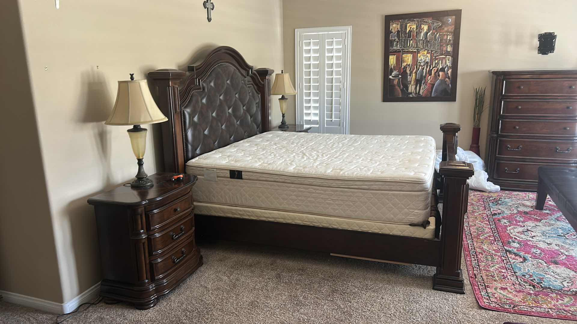 Photo 1 of HOMELEGANCE ADELINA COLLECTION PANEL BED, FEATURING A CHERRY FINISH, FAUX LEATHER UPHOLSTERED HEADBOARD WITH BUTTON TUFTING, AND INTRICATE WOOD CARVINGS. 7‘ x 8‘ x H6‘ $2200