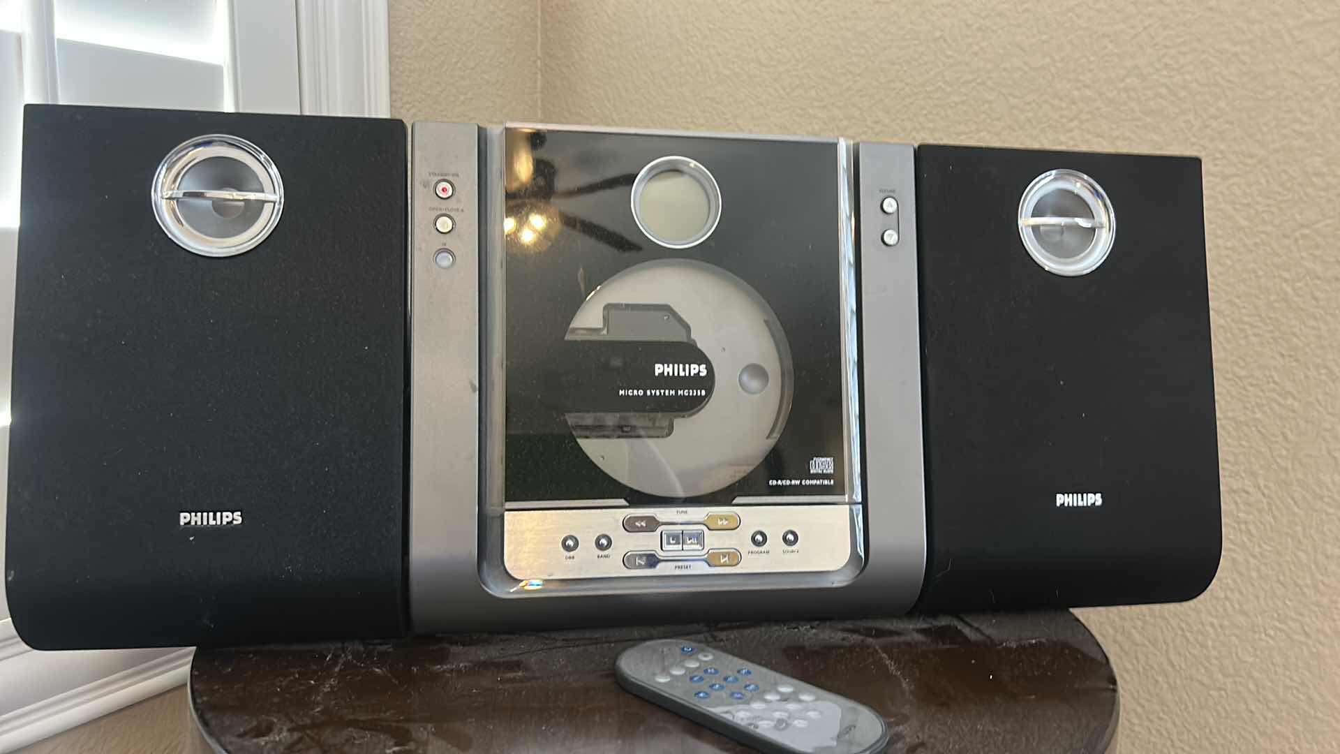 Photo 1 of 2’ SMALL WOOD TABLE WITH CD PLAYER WITH SPEAKERS