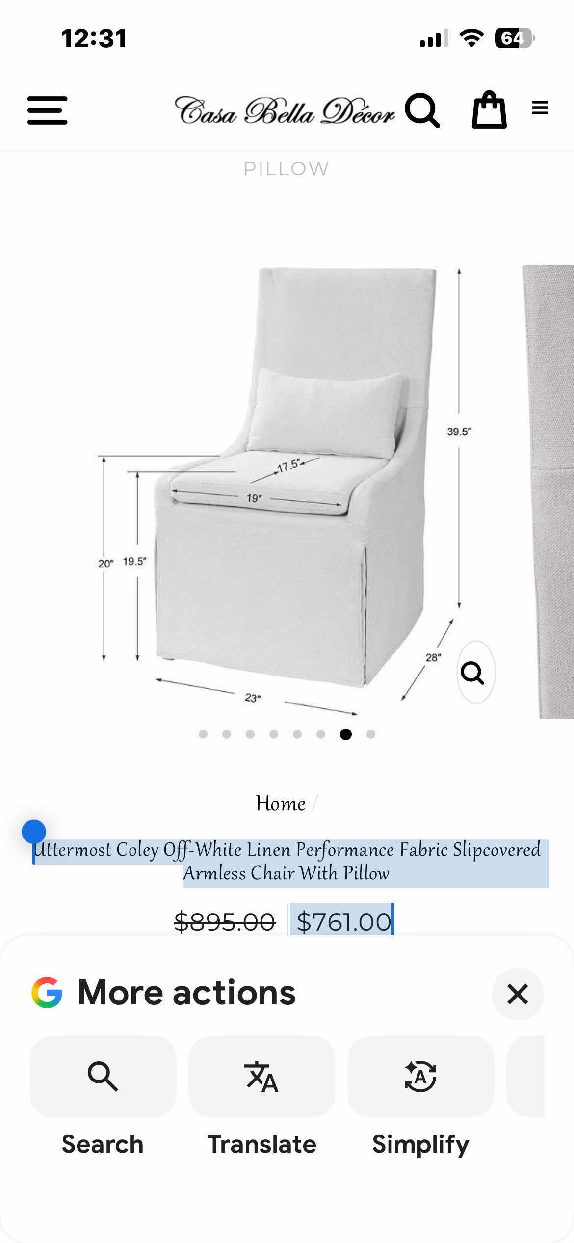 Photo 1 of 2- UTTERMOST COLEY OFF-WHITE LINEN PERFORMANCE FABRIC SLIPCOVERED ARMLESS CHAIR WITH PILLOW
REGULAR PRICE
$895.00 22 1/2“ x 25“ x 39 1/2“ SEAT HEIGHT 19.5”
