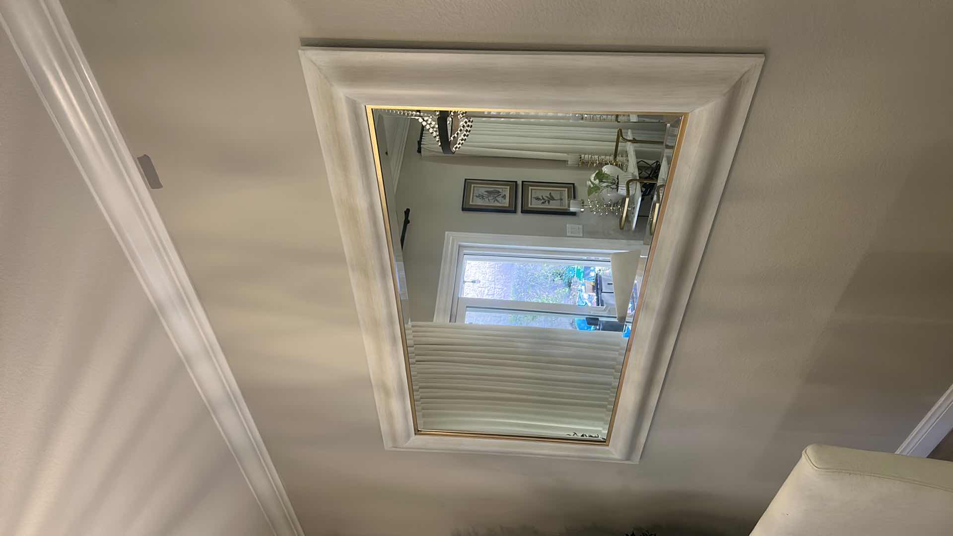 Photo 1 of OFFWHITE SLIGHTLY DISTRESSED GOLD ACCENTED FRAMED BEVELED GLASS MIRROR 71“ x H41 1/2“