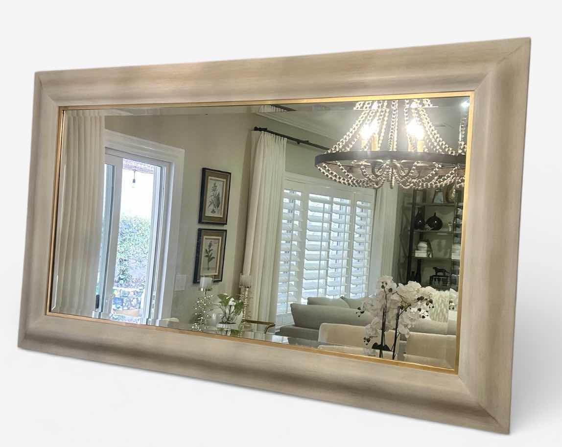 Photo 1 of OFFWHITE SLIGHTLY DISTRESSED GOLD ACCENTED FRAMED BEVELED GLASS MIRROR 71“ x H41 1/2“