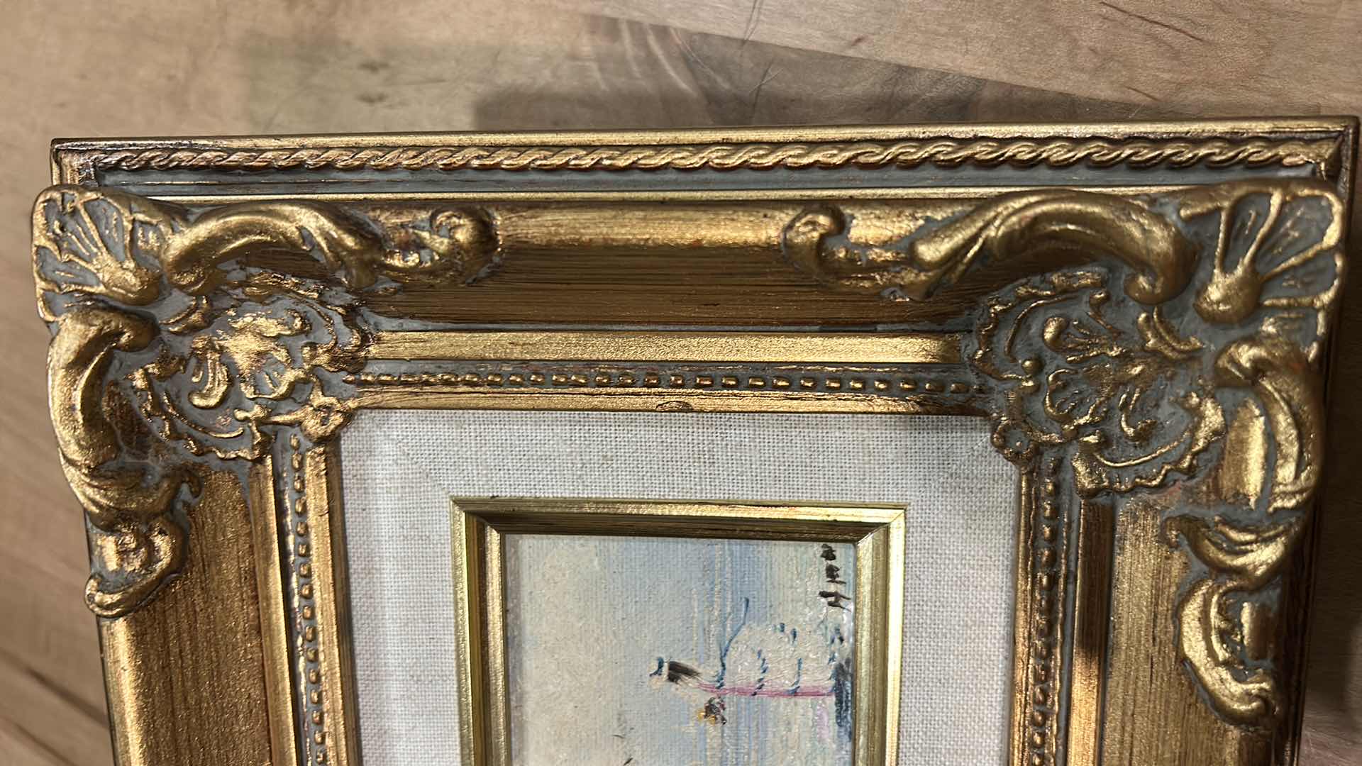 Photo 1 of $265 SMALL ORNATE GILDED WOOD FRAMED, VINTAGE IMPRESSIONIST-STYLE OIL PAINTING ON CANVAS, “GIRL BY THE SEA” SIGNED ARTWORK 9” X H9 1/4”