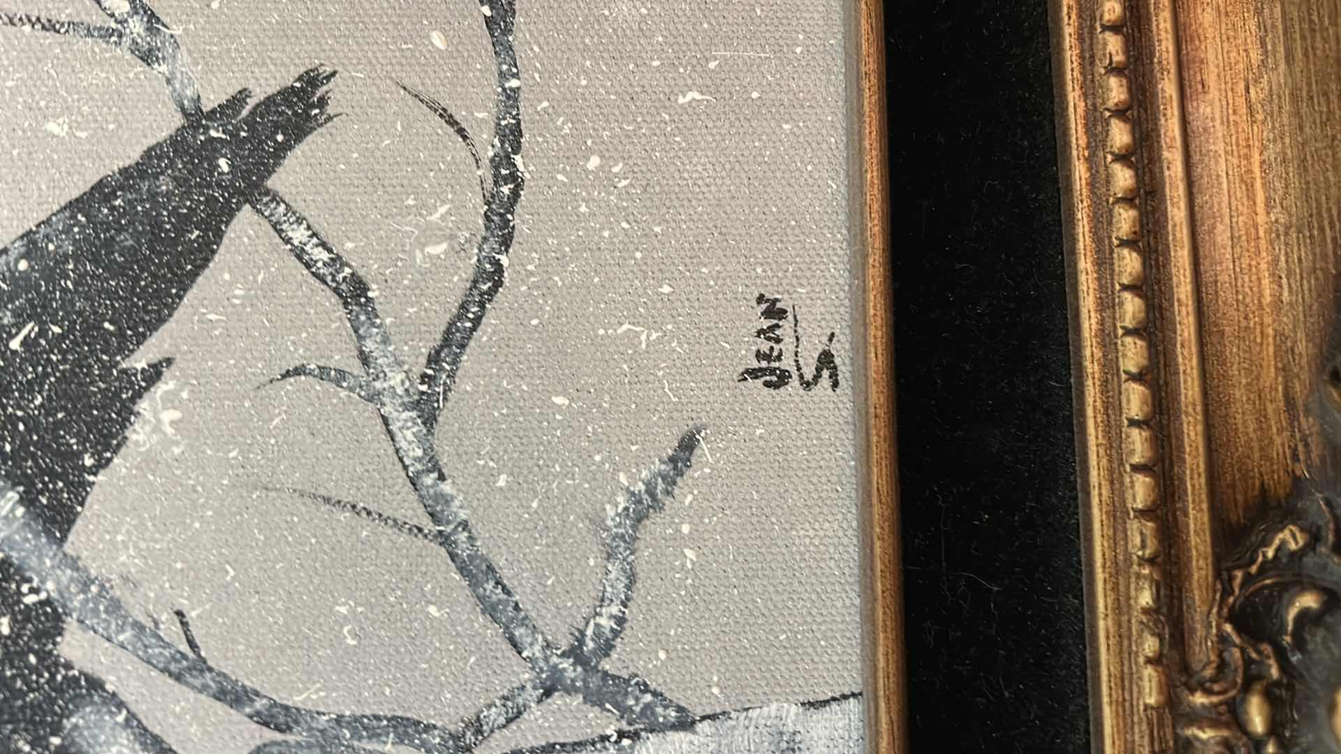 Photo 1 of ORNATE GILDED WOOD FRAMED, OIL PAINTING ON CANVAS, “WINTER RAVEN ON BIRCH” SIGNED ARTWORK 14 1/2“ x H17 1/2“