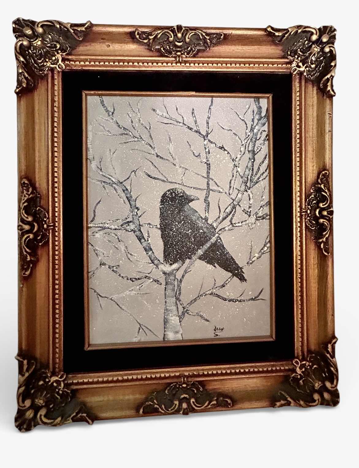 Photo 1 of ORNATE GILDED WOOD FRAMED, OIL PAINTING ON CANVAS, “WINTER RAVEN ON BIRCH” SIGNED ARTWORK 14 1/2“ x H17 1/2“