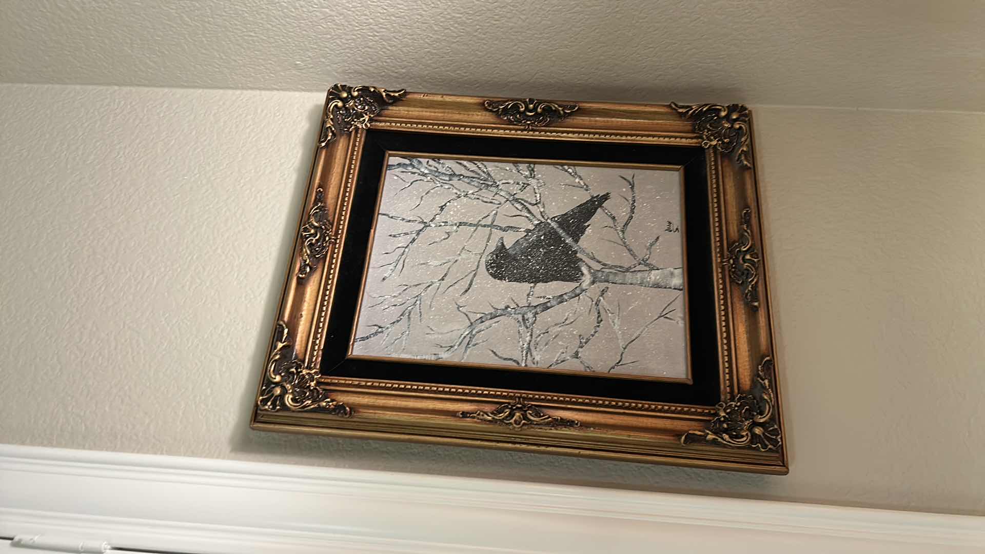 Photo 1 of ORNATE GILDED WOOD FRAMED, OIL PAINTING ON CANVAS, “WINTER RAVEN ON BIRCH” SIGNED ARTWORK 14 1/2“ x H17 1/2“