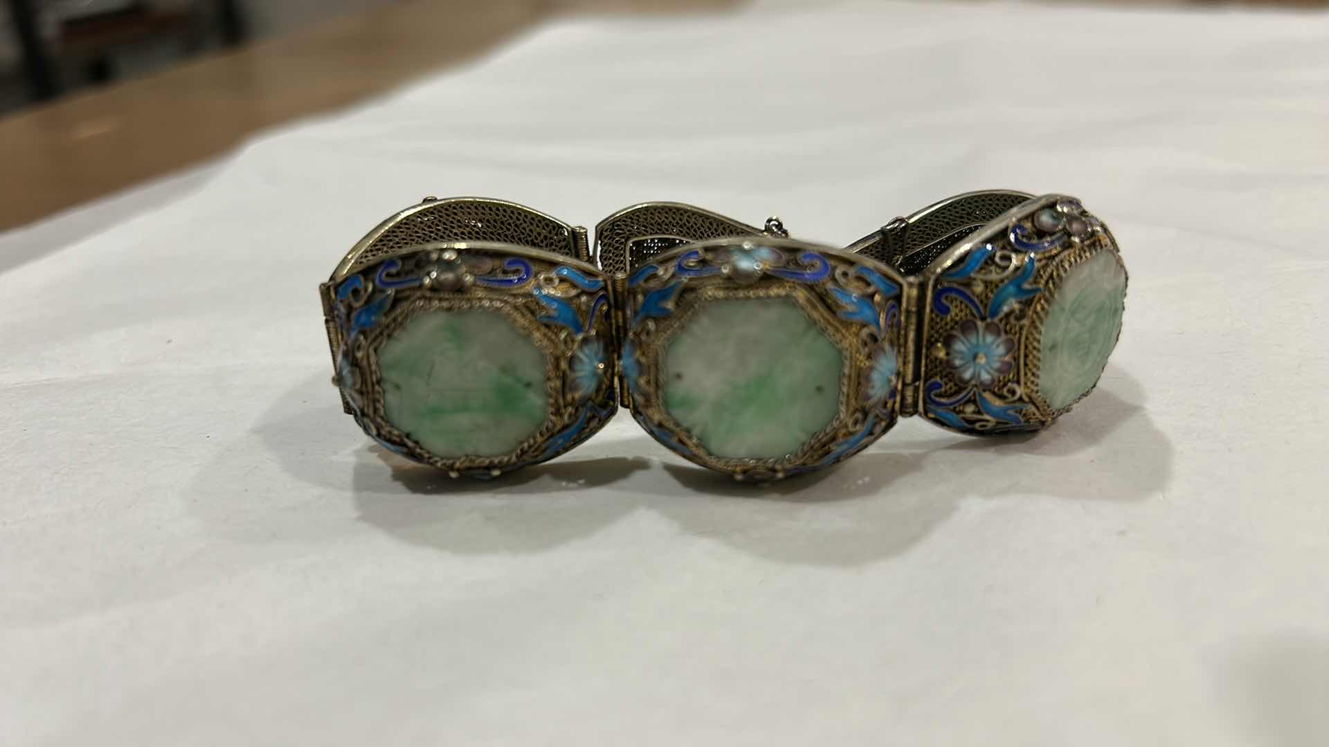 Photo 1 of 2 VINTAGE BRACELETS -VINTAGE CHINESE EXPORT BRACELET FEATURING FILIGREE WORK, BLUE ENAMEL DETAILING, AND GREEN JADEITE CABOCHONS SET IN GOLD VERMEIL OVER STERLING SILVER. LISTED ON ETSY FOR $1200 & ECCLISSI STERLING SILVER MESH BUCKLE BRACELET