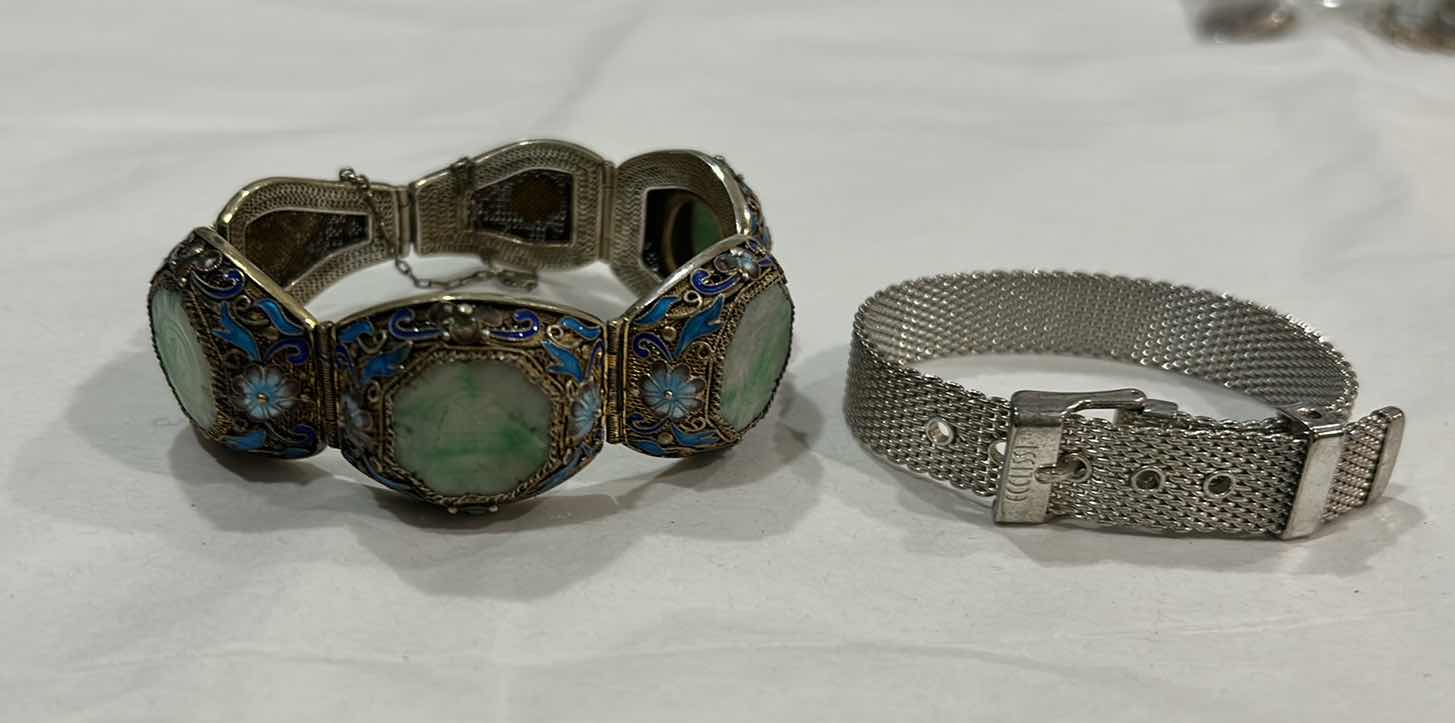 Photo 1 of 2 VINTAGE BRACELETS -VINTAGE CHINESE EXPORT BRACELET FEATURING FILIGREE WORK, BLUE ENAMEL DETAILING, AND GREEN JADEITE CABOCHONS SET IN GOLD VERMEIL OVER STERLING SILVER. LISTED ON ETSY FOR $1200 & ECCLISSI STERLING SILVER MESH BUCKLE BRACELET