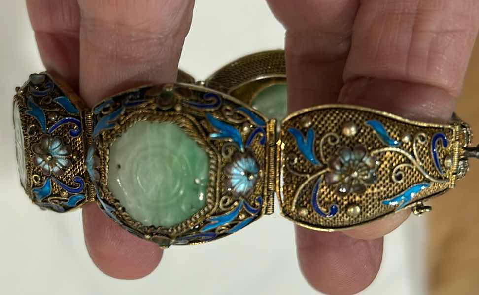 Photo 1 of 2 VINTAGE BRACELETS -VINTAGE CHINESE EXPORT BRACELET FEATURING FILIGREE WORK, BLUE ENAMEL DETAILING, AND GREEN JADEITE CABOCHONS SET IN GOLD VERMEIL OVER STERLING SILVER. LISTED ON ETSY FOR $1200 & ECCLISSI STERLING SILVER MESH BUCKLE BRACELET