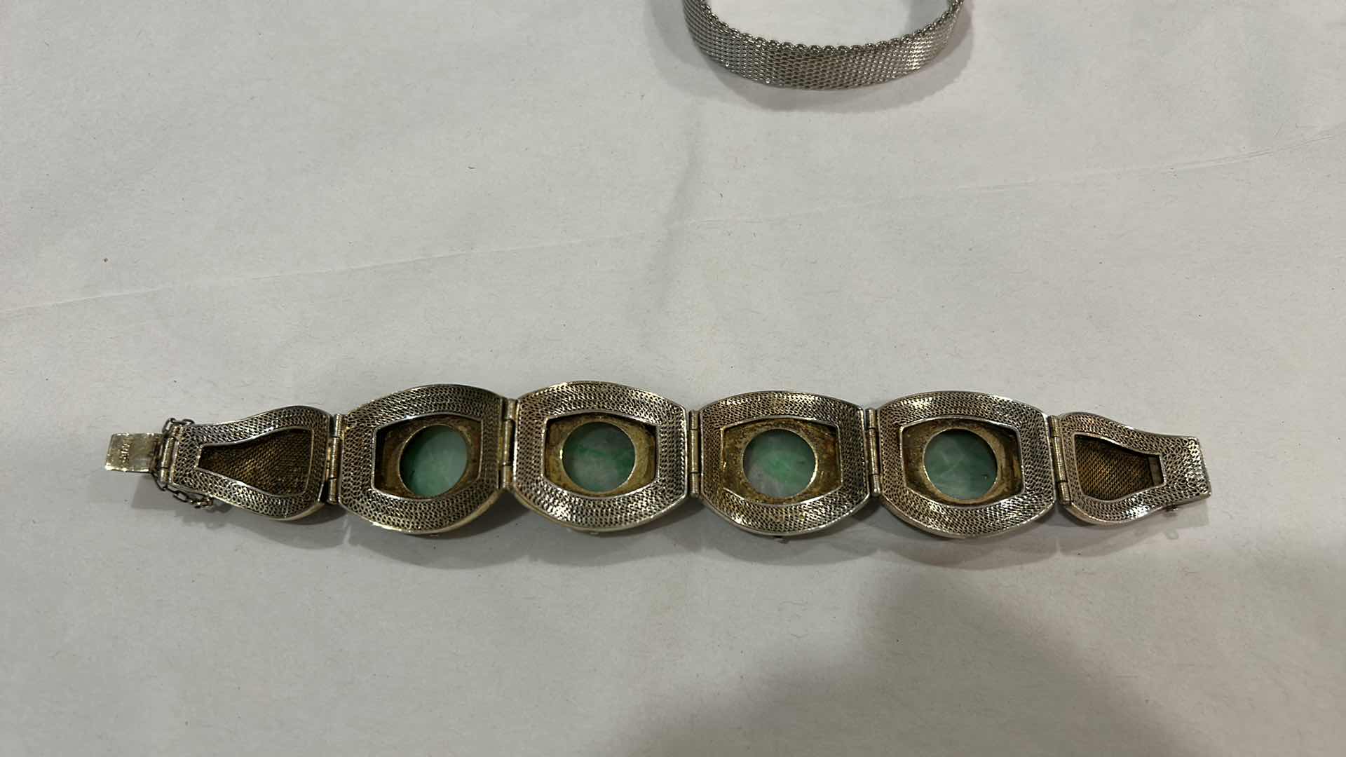 Photo 1 of 2 VINTAGE BRACELETS -VINTAGE CHINESE EXPORT BRACELET FEATURING FILIGREE WORK, BLUE ENAMEL DETAILING, AND GREEN JADEITE CABOCHONS SET IN GOLD VERMEIL OVER STERLING SILVER. LISTED ON ETSY FOR $1200 & ECCLISSI STERLING SILVER MESH BUCKLE BRACELET