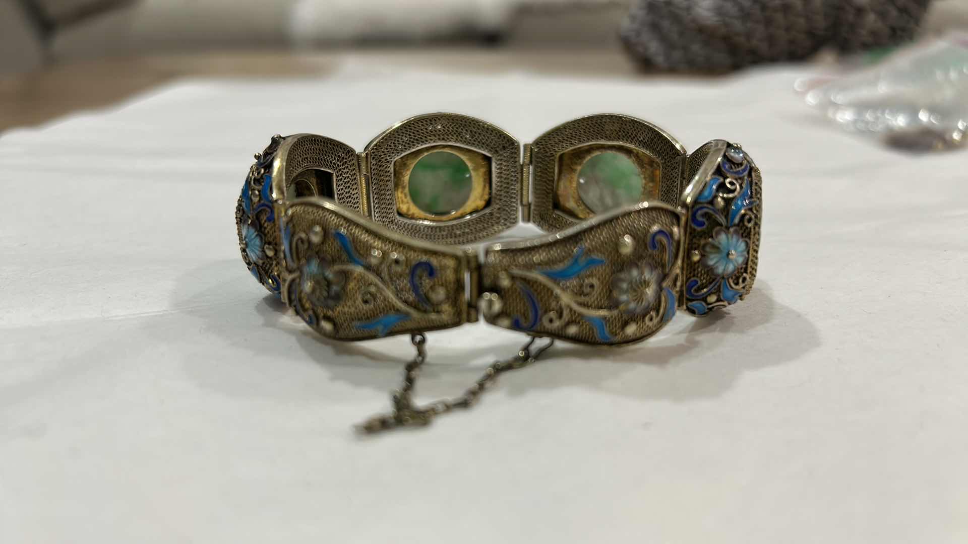 Photo 1 of 2 VINTAGE BRACELETS -VINTAGE CHINESE EXPORT BRACELET FEATURING FILIGREE WORK, BLUE ENAMEL DETAILING, AND GREEN JADEITE CABOCHONS SET IN GOLD VERMEIL OVER STERLING SILVER. LISTED ON ETSY FOR $1200 & ECCLISSI STERLING SILVER MESH BUCKLE BRACELET