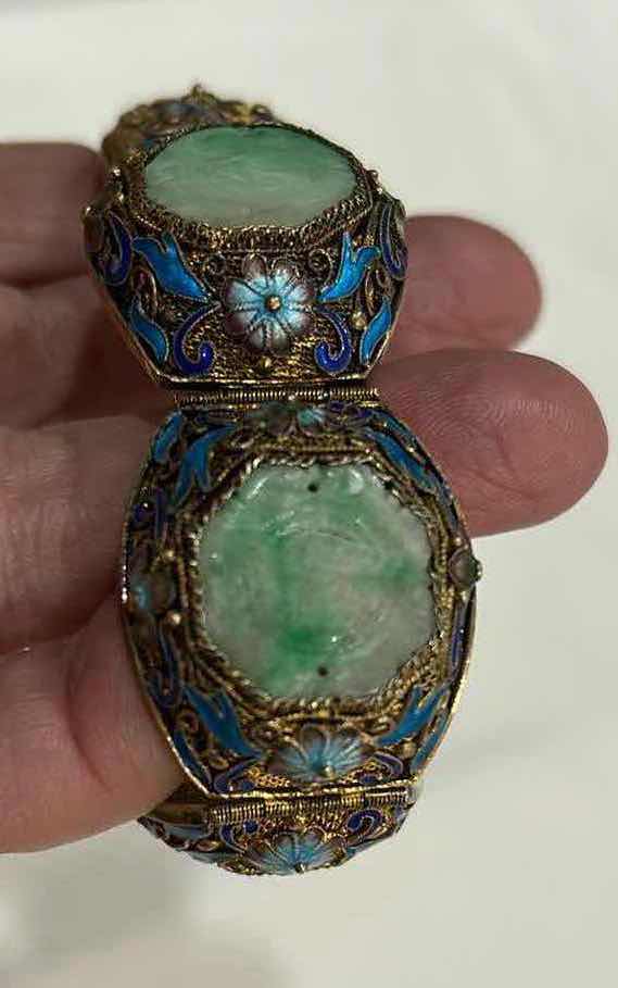 Photo 1 of 2 VINTAGE BRACELETS -VINTAGE CHINESE EXPORT BRACELET FEATURING FILIGREE WORK, BLUE ENAMEL DETAILING, AND GREEN JADEITE CABOCHONS SET IN GOLD VERMEIL OVER STERLING SILVER. LISTED ON ETSY FOR $1200 & ECCLISSI STERLING SILVER MESH BUCKLE BRACELET