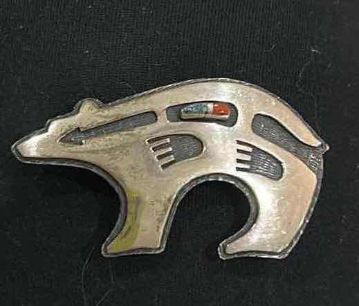 Photo 1 of VINTAGE HANDMADE SIGNED NAVAJO NATIVE AMERICAN STERLING SILVER BEAR PIN/PENDANT OFTEN REFERRED TO AS A “HEARTLINE” BEAR,” WHICH SYMBOLIZES STRENGTH, PROTECTION, AND SELF-KNOWLEDGE WITHIN NAVAJO CULTURE. 2.5”