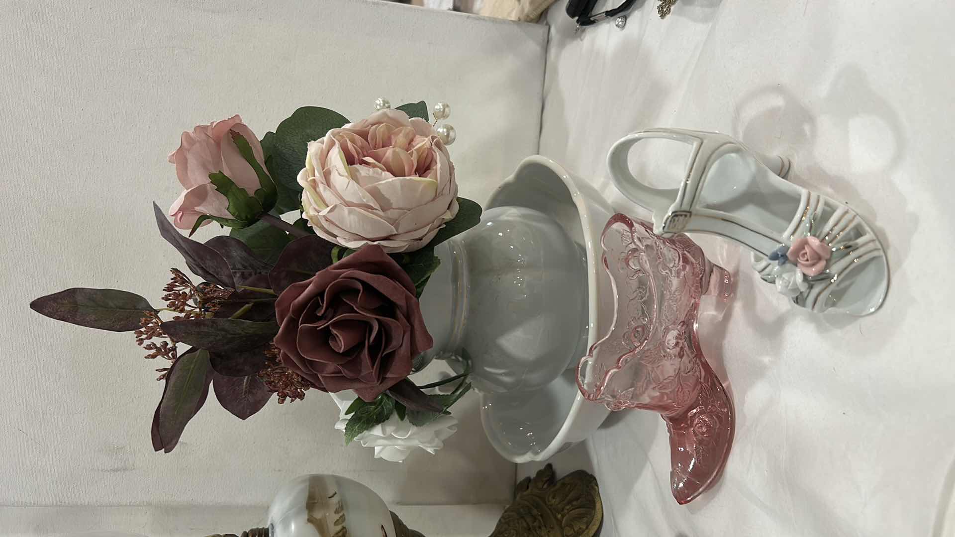 Photo 1 of VINTAGE DECOR- HAND PAINTED HURRICANE LAMP (EAGLE) R&S HAND PAINTED PORCELAIN SHOE, HAND PAINTED KELVIN FINE CHINA SHOE, 7528 MC COY PITCHER AND BOWL &
MORE