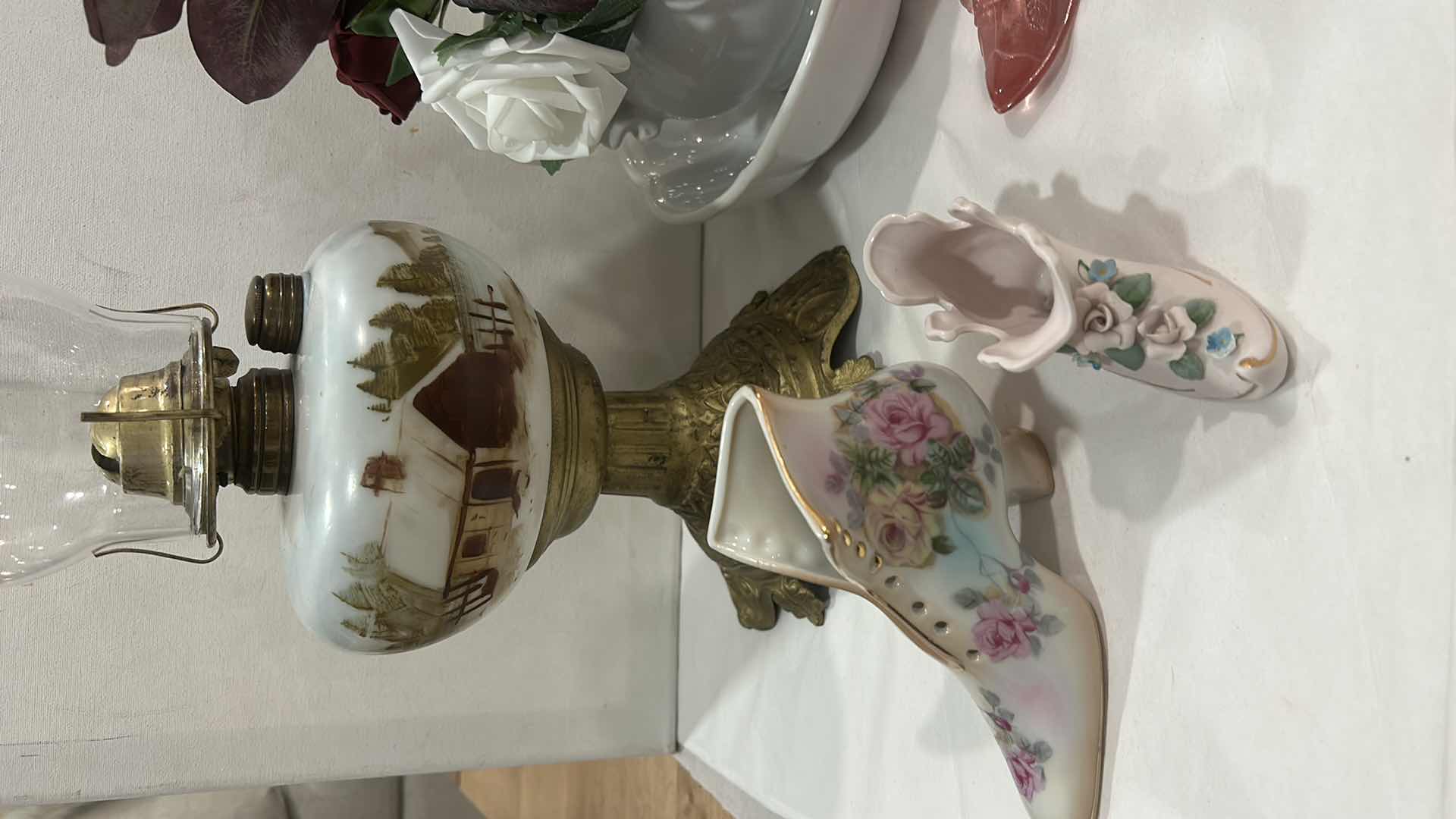 Photo 1 of VINTAGE DECOR- HAND PAINTED HURRICANE LAMP (EAGLE) R&S HAND PAINTED PORCELAIN SHOE, HAND PAINTED KELVIN FINE CHINA SHOE, 7528 MC COY PITCHER AND BOWL &
MORE