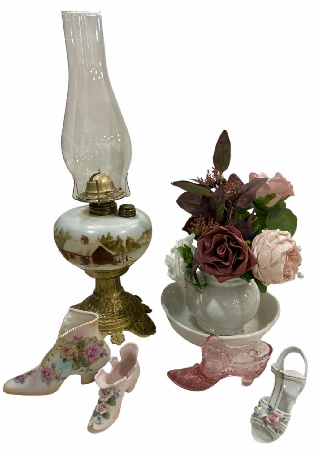 Photo 1 of VINTAGE DECOR- HAND PAINTED HURRICANE LAMP (EAGLE) R&S HAND PAINTED PORCELAIN SHOE, HAND PAINTED KELVIN FINE CHINA SHOE, 7528 MC COY PITCHER AND BOWL &
MORE