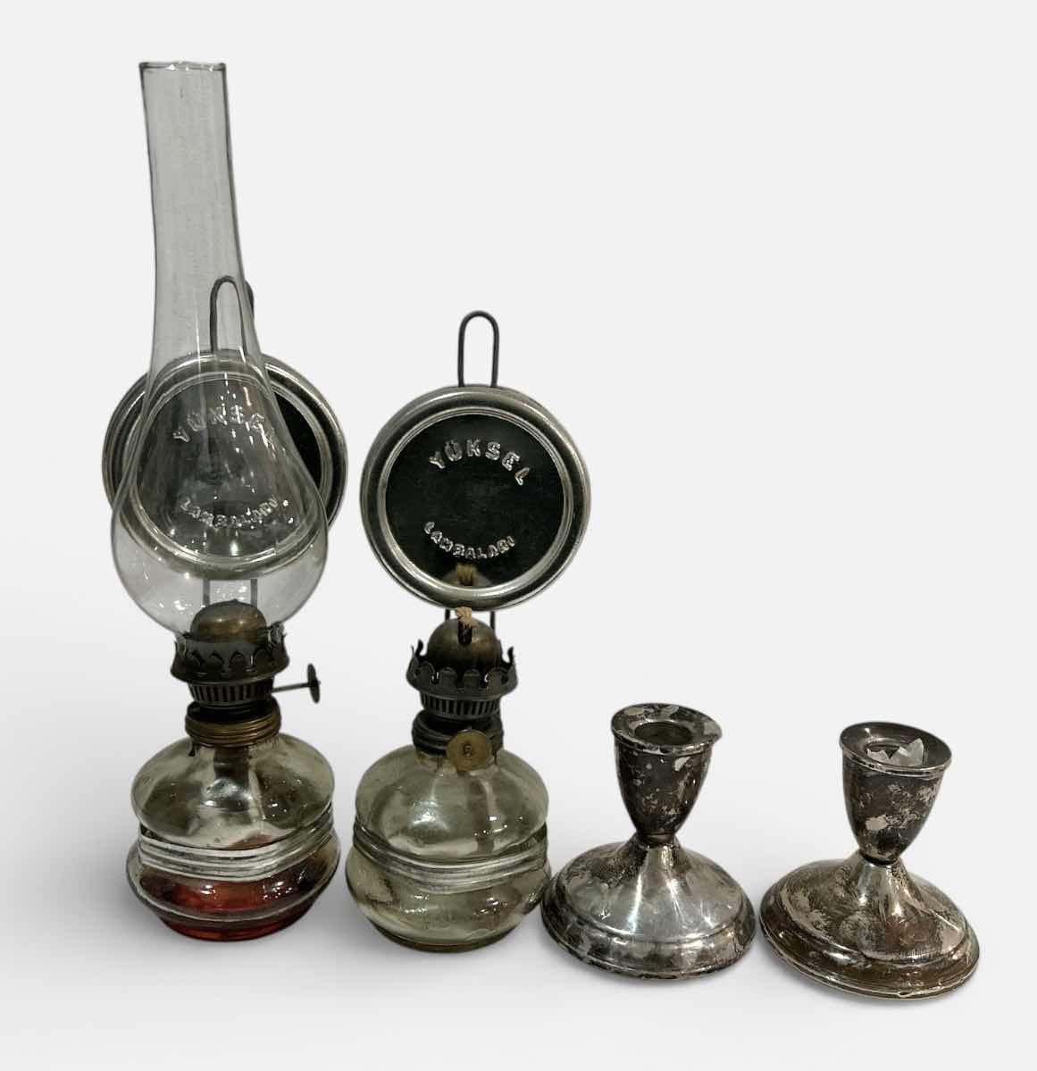 Photo 1 of 2 ANTIQUE YUKSEL LAMBALARI OIL LAMP WALL MOUNTED WITH REFLECTOR FRENCH GLASS & 1 HURRICANE GLASS & 2 DUCHIN STERLING WEIGHTED CANDLE HOLDERS