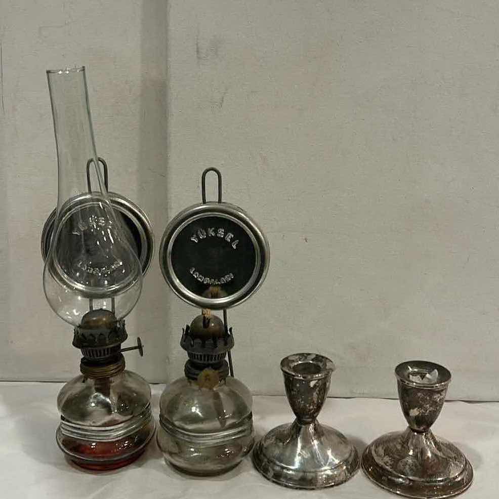 Photo 1 of 2 ANTIQUE YUKSEL LAMBALARI OIL LAMP WALL MOUNTED WITH REFLECTOR FRENCH GLASS & 1 HURRICANE GLASS & 2 DUCHIN STERLING WEIGHTED CANDLE HOLDERS