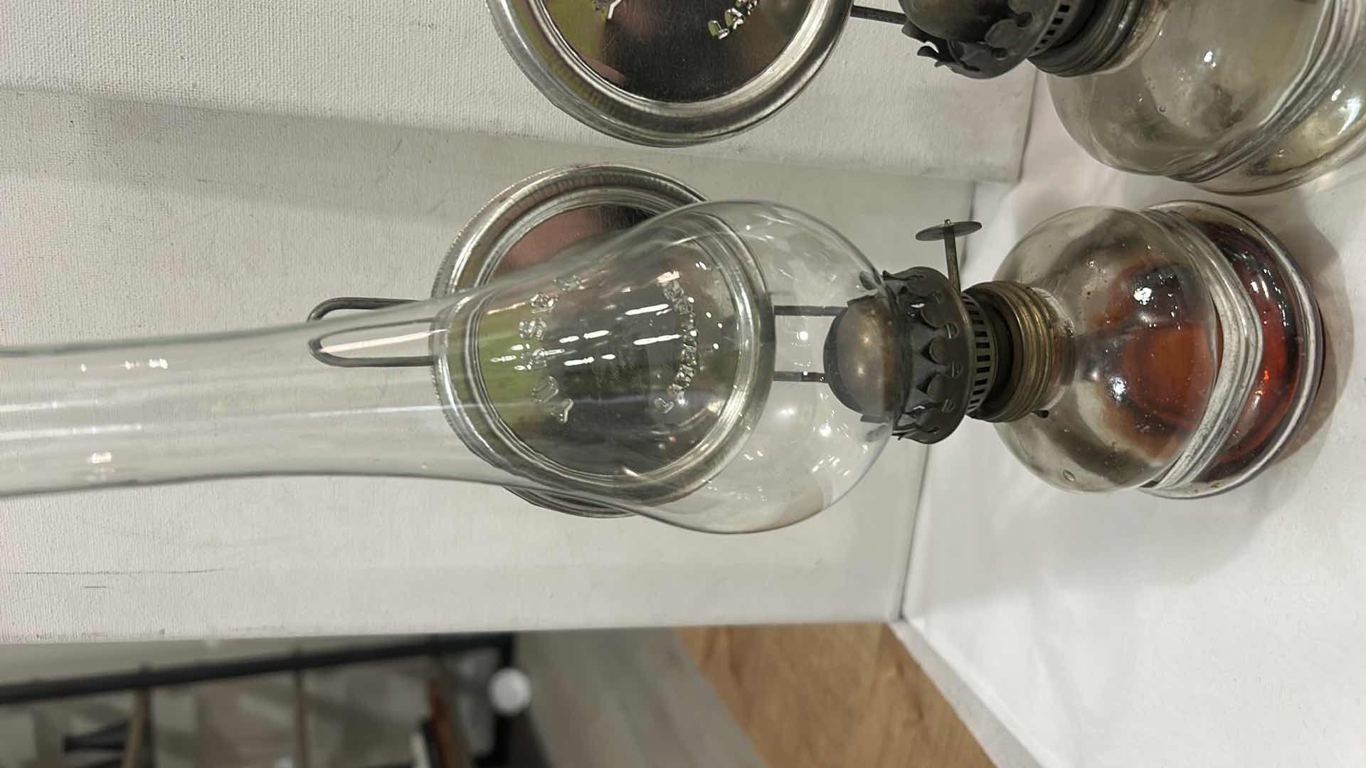 Photo 1 of 2 ANTIQUE YUKSEL LAMBALARI OIL LAMP WALL MOUNTED WITH REFLECTOR FRENCH GLASS & 1 HURRICANE GLASS & 2 DUCHIN STERLING WEIGHTED CANDLE HOLDERS