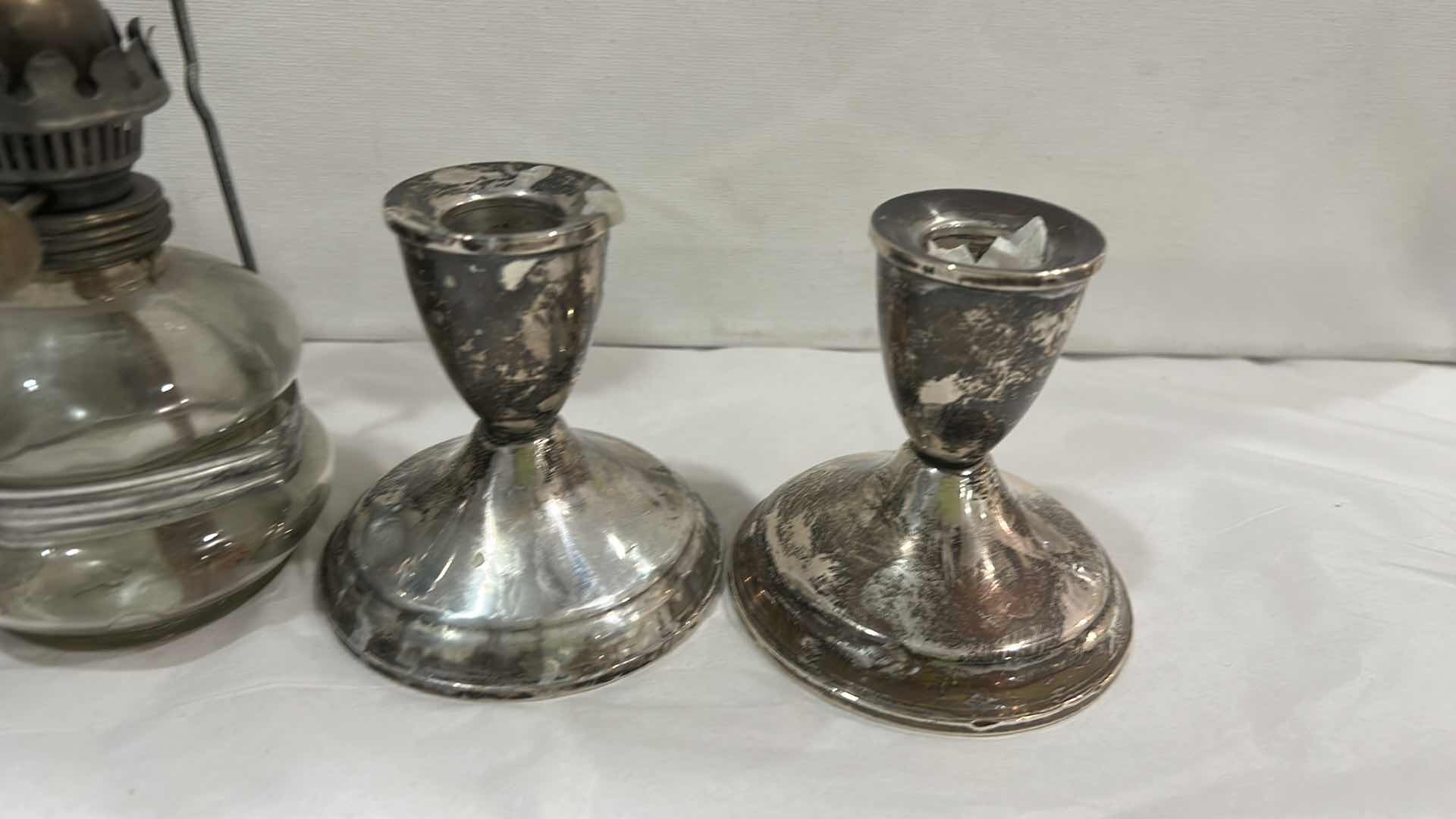 Photo 1 of 2 ANTIQUE YUKSEL LAMBALARI OIL LAMP WALL MOUNTED WITH REFLECTOR FRENCH GLASS & 1 HURRICANE GLASS & 2 DUCHIN STERLING WEIGHTED CANDLE HOLDERS