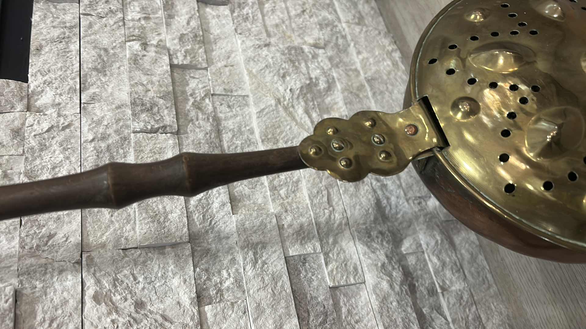 Photo 1 of BRASS AND COPPER BED WARMER WITH WOODEN HANDLE, HOLLAND