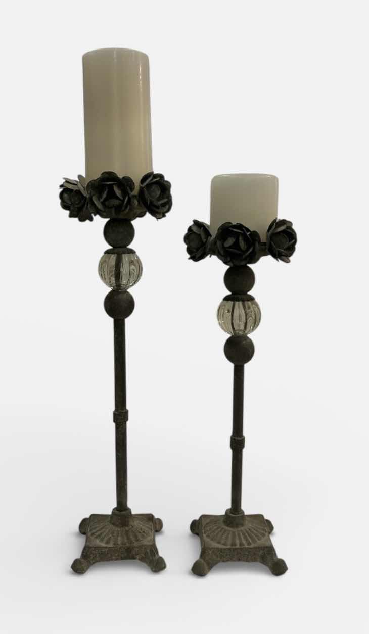 Photo 1 of PARK DESIGNS VINTAGE-STYLE METAL PILLAR CANDLE HOLDERS, ACCENTED FLOWER DESIGN WITH GLASS ORBS. (TALLEST WITHOUT CANDLE H17.5”)