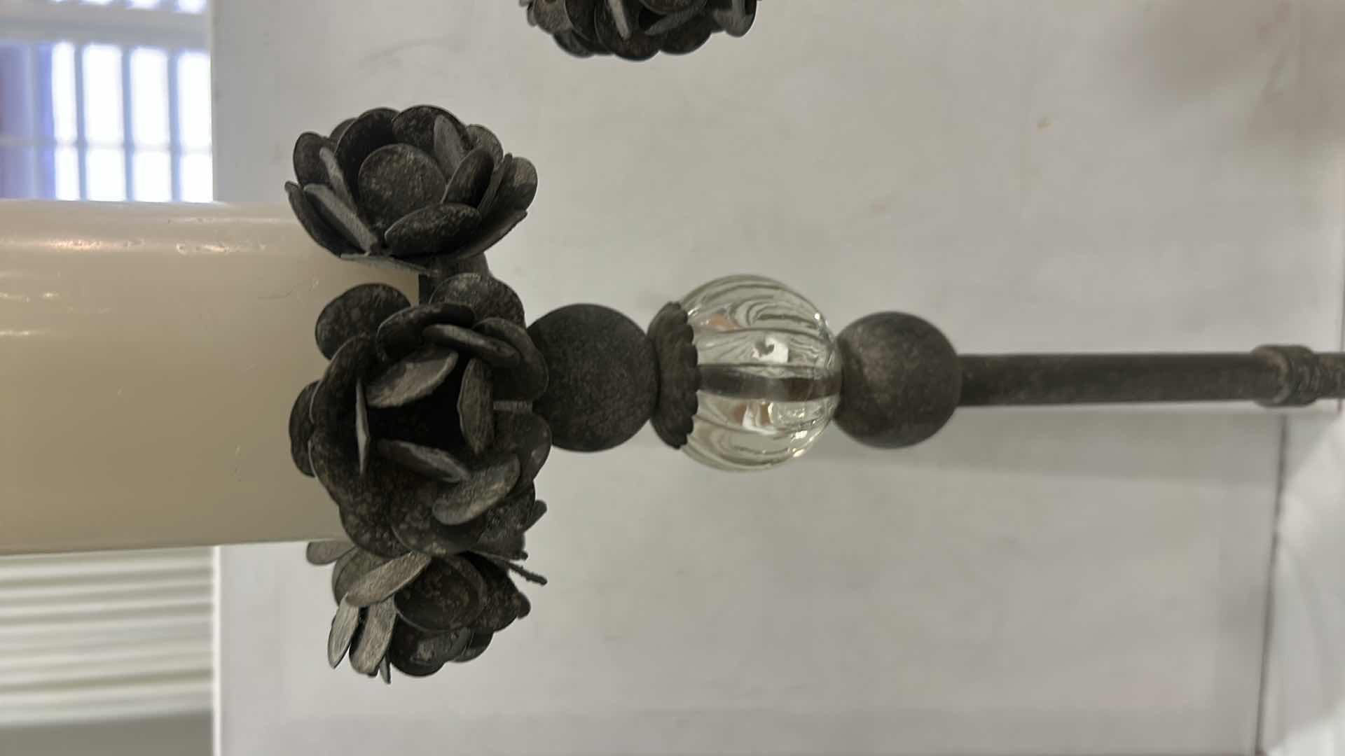 Photo 1 of PARK DESIGNS VINTAGE-STYLE METAL PILLAR CANDLE HOLDERS, ACCENTED FLOWER DESIGN WITH GLASS ORBS. (TALLEST WITHOUT CANDLE H17.5”)