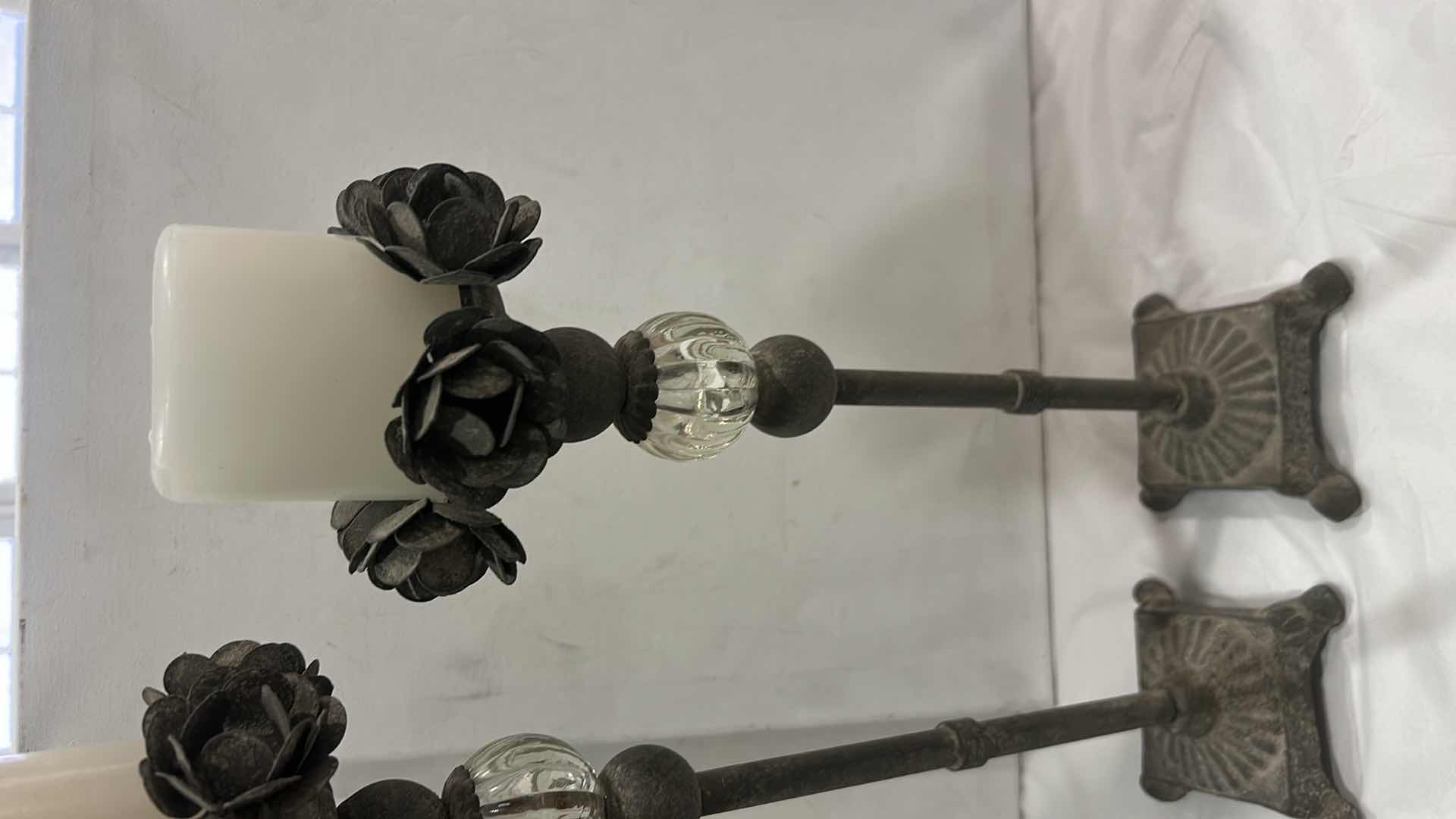 Photo 1 of PARK DESIGNS VINTAGE-STYLE METAL PILLAR CANDLE HOLDERS, ACCENTED FLOWER DESIGN WITH GLASS ORBS. (TALLEST WITHOUT CANDLE H17.5”)