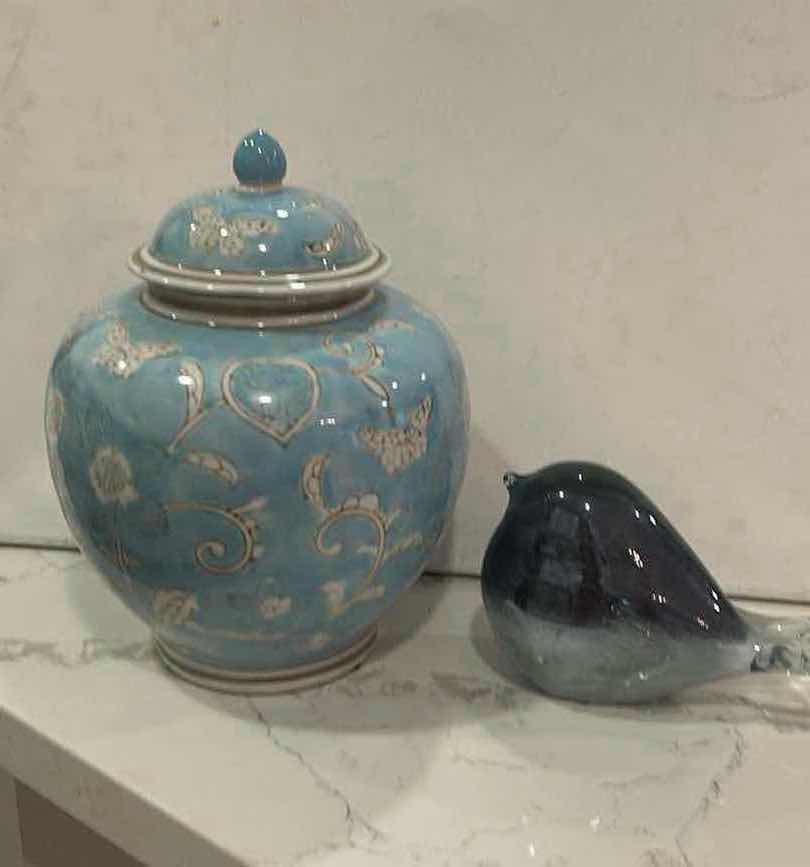 Photo 1 of 2 PC HOME DECOR- TEMPLE JAR H10.5”, GLASS BIRD