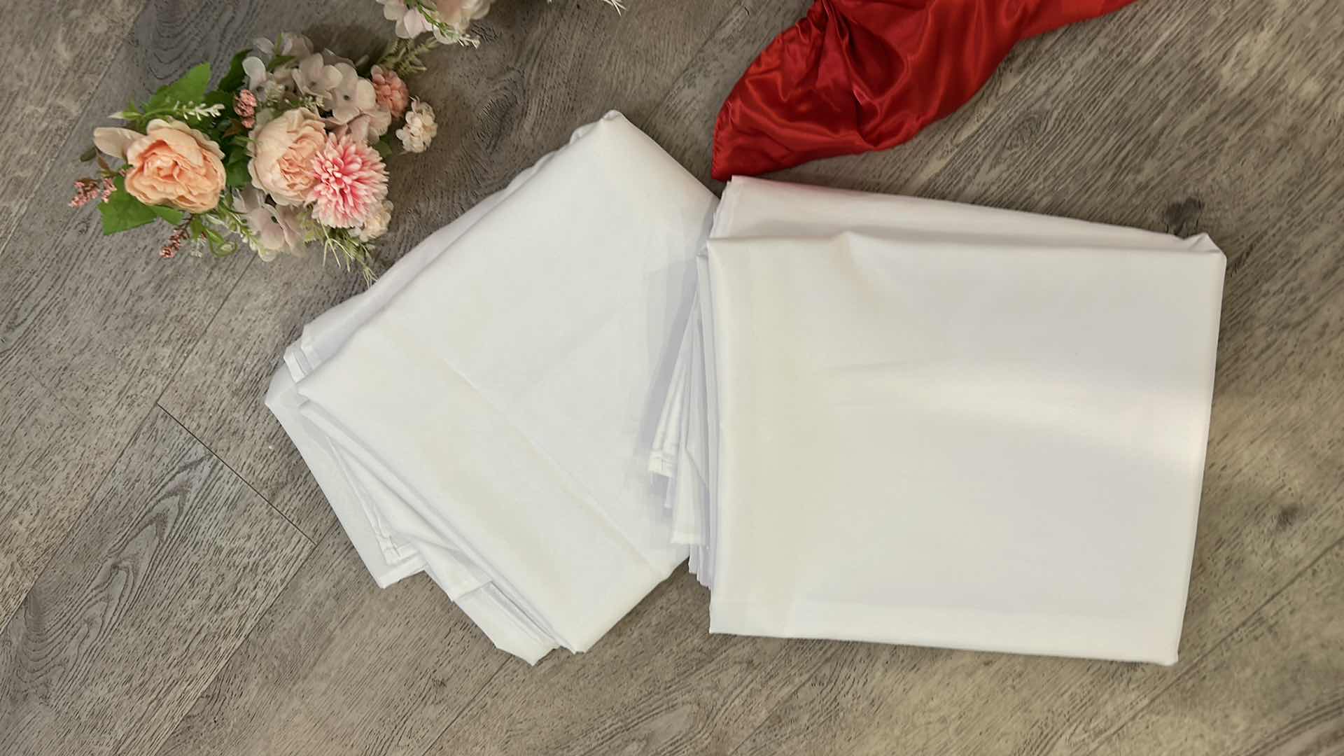 Photo 1 of PINK AND RED  PARTY DECORATIONS, 2 NEW LONG RECTANGLE WHITE TABLECLOTH, LIGHT UP LOVE SIGN, BOWS, BALLOONS, CHAIR COVERD, CHAIR SASHES, FLORAL AND MORE